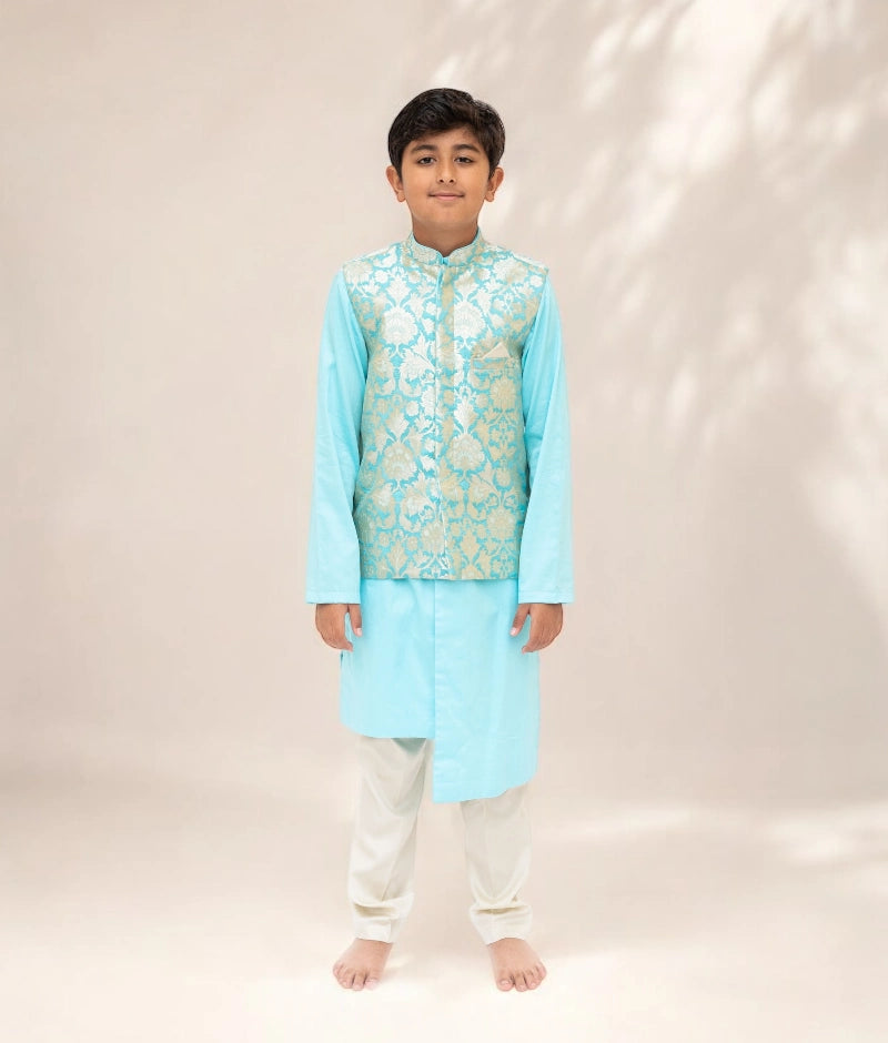Pre Order: Elegant Blue Brocade Jacket with Kurta & Pant Set - Traditional Indian Outfit for Weddings & Festive Occasions