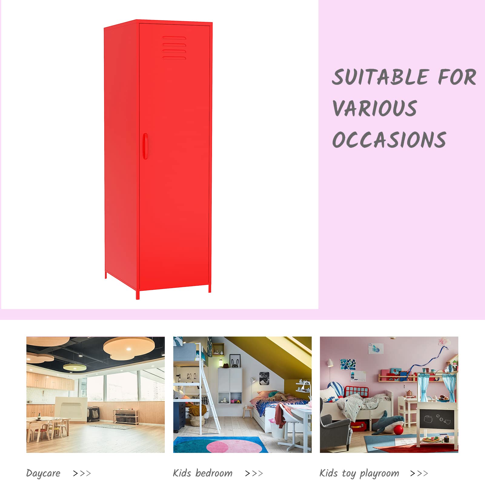 Steel Locker Cabinet - Single Door Metal Storage Locker with Hanging Rod & Shelves for Bedroom, School, Classroom | Organize Toys, Clothes & Essentials in Style (Red)
