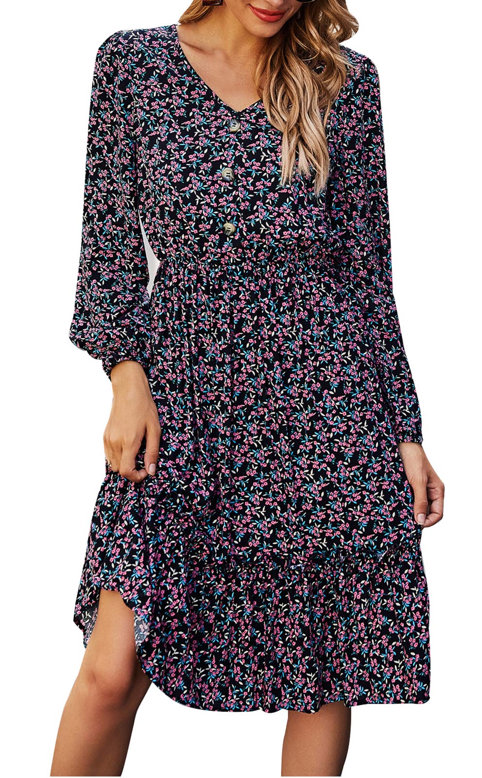 FEOYA Women's Bohemian Floral Print Chiffon Dress - V-Neck Long Sleeve Short Dress for Casual Wear, Beach Parties & Summer Vacations | Perfect for Outdoor Events, Date Nights & Festival Fashion