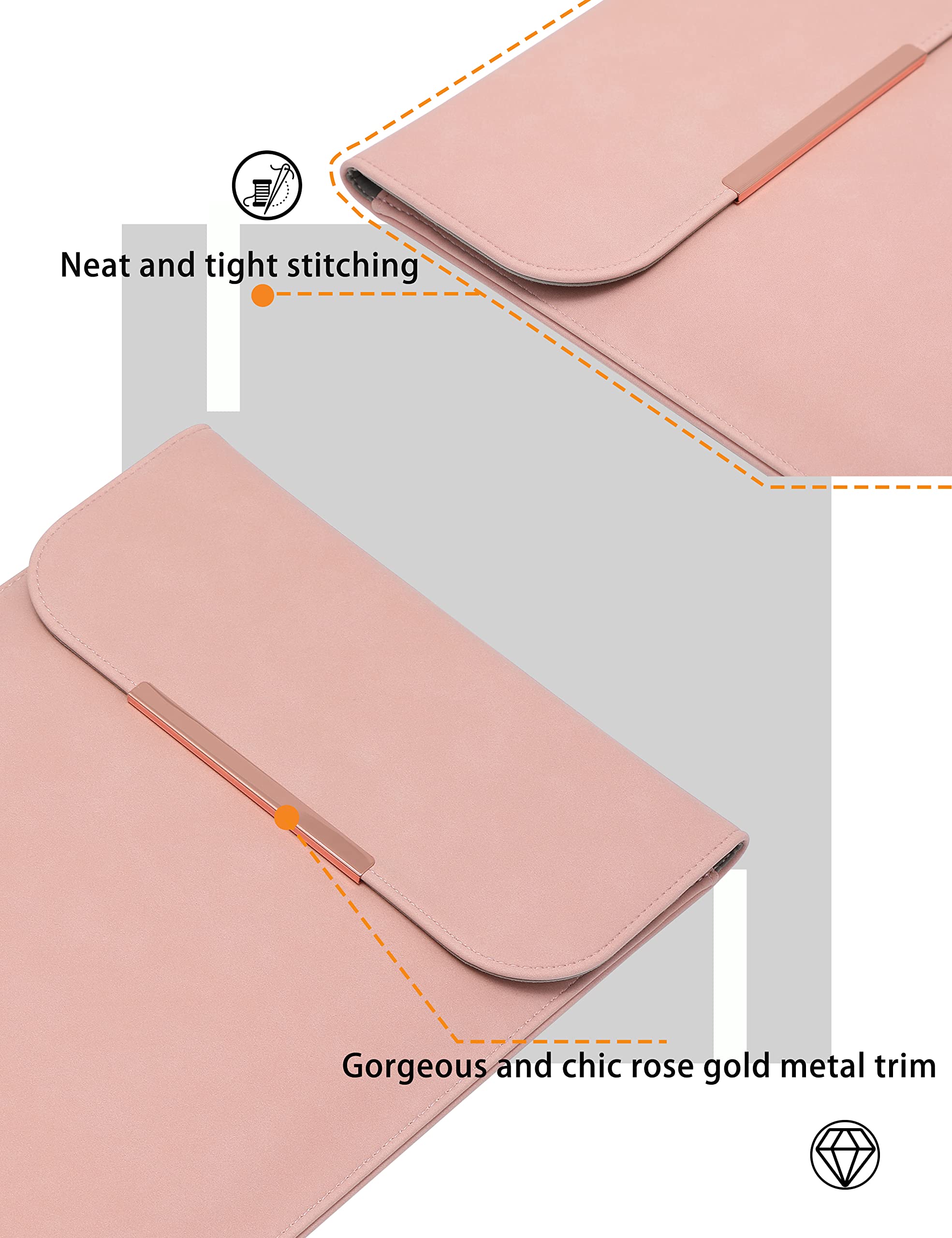 HYZUO 15-16 Inch Laptop Sleeve Bag for MacBook Pro 16 M2/M1 Pro/Max (2023-2019), MacBook Pro 15 (2019-2012), Dell XPS 15 - Premium Faux Suede Leather Case with Rose Gold Metal Trim in Pink | Protective Computer Sleeve for Work, Travel & School