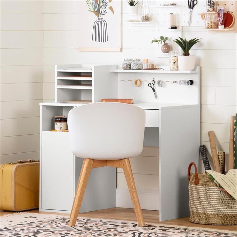 Pemberly Row Contemporary Craft Table - Multipurpose Craft Station with Compact Design, Sewing Desk with Drawers and Shelves, White - Perfect for DIY Projects, Sewing, Scrapbooking & Home Office Workspace