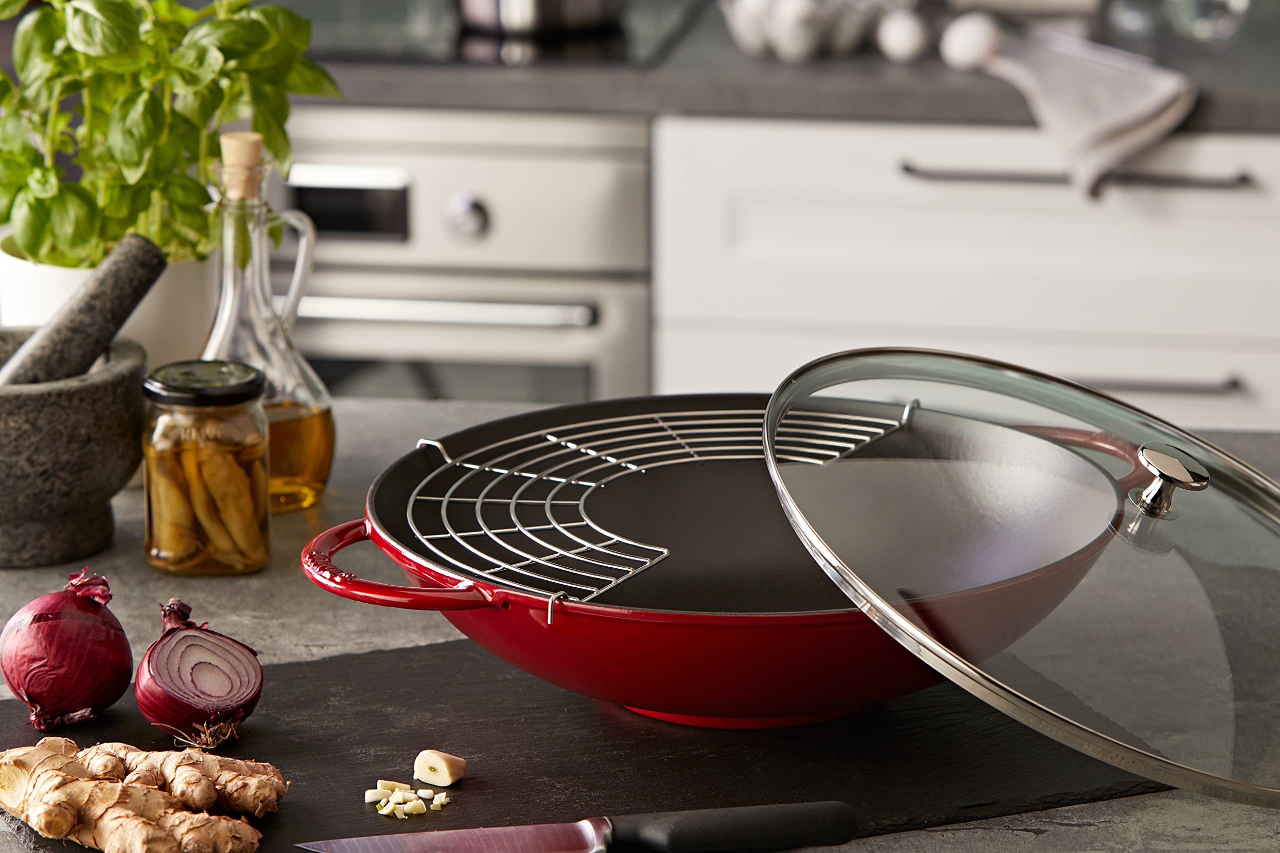 STAUB Cast Iron Wok with Glass Lid & Removable Grid, 14.6 Inch (37 cm) 5.7L Capacity, Cherry Red - Induction Compatible for Stir-Frying, Searing & Asian Cooking | Perfect for Home Chefs & Professional Kitchens