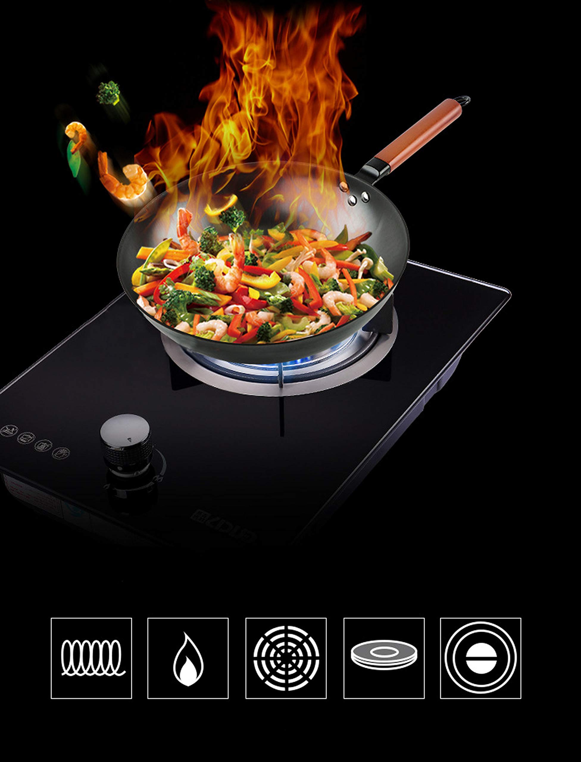 FixtureDisplays 12.6 Inch Lightweight Cast Iron Wok Pan with Wooden Handle - 3.5 lbs Flat Bottom Stir Fry Pan for High Heat Cooking, Searing, Sauteing - Perfect for Home Kitchen, Outdoor Camping & Asian Cuisine
