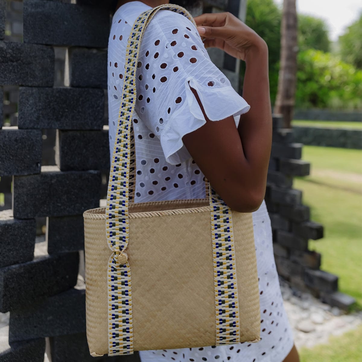 Handwoven Bamboo Vegan Small Tote Bag - Eco-Friendly Natural & Yellow Women's Shoulder Bag for Beach, Shopping & Daily Use