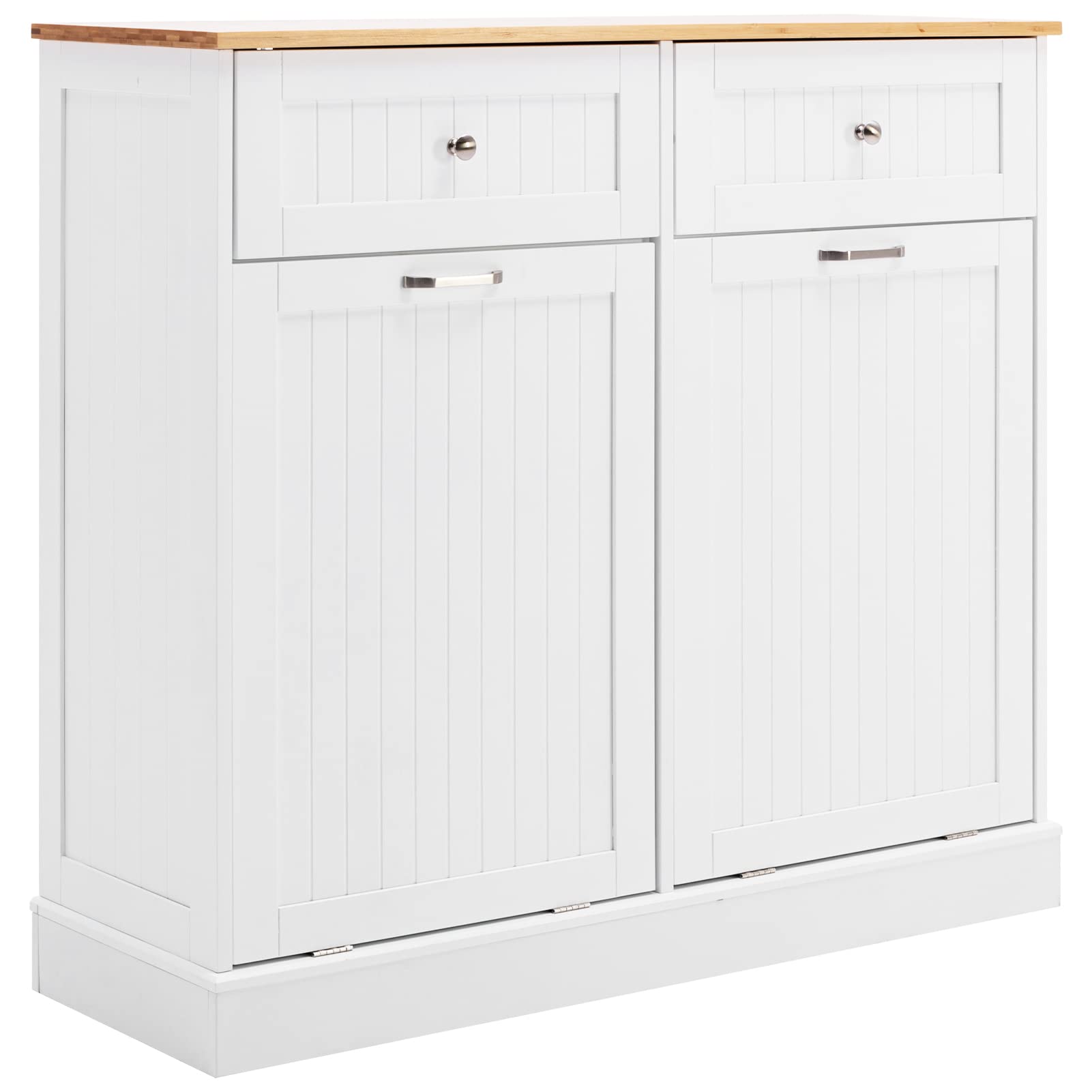 Freestanding Tilt-Out Trash Cabinet with Cutting Board - Pet Proof Kitchen Garbage Recycling Station, Wood Laundry Hamper & Hideaway Trash Holder Drawers (2, White) - Perfect for Small Kitchens, Apartments & Eco-Friendly Homes