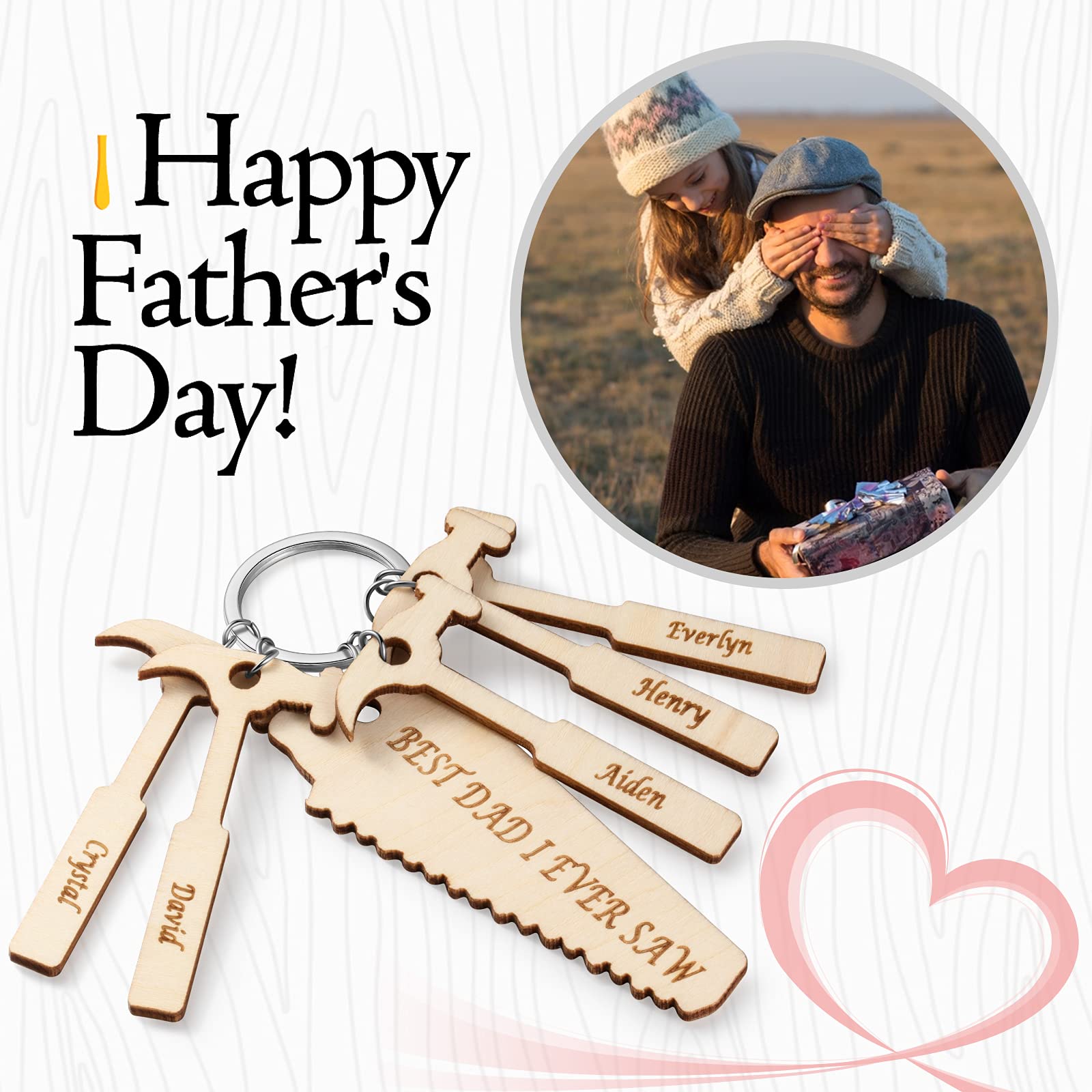 Custom Engraved Wooden Keychain - Personalized Saw & Hammer Design with 1-6 Names - Unique Father's Day Gift for Dad - Perfect for DIY Enthusiasts, Carpenters & Tool Lovers