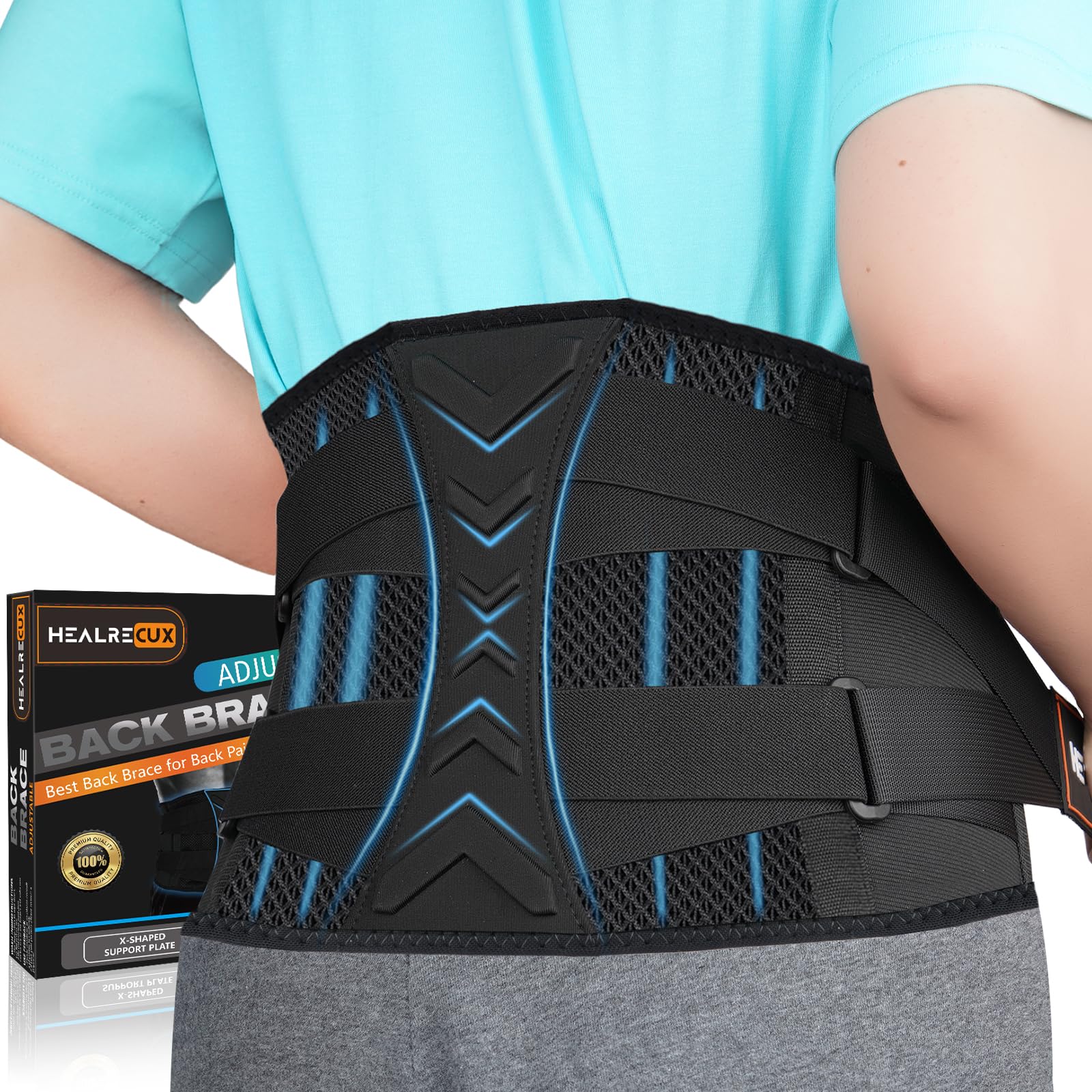 Premium Back Brace for Lower Back Pain Relief - Adjustable Lumbar Support Belt with 7 Stays for Men & Women - Sciatica, Herniated Disc & Scoliosis Support - Waist Size 53.1