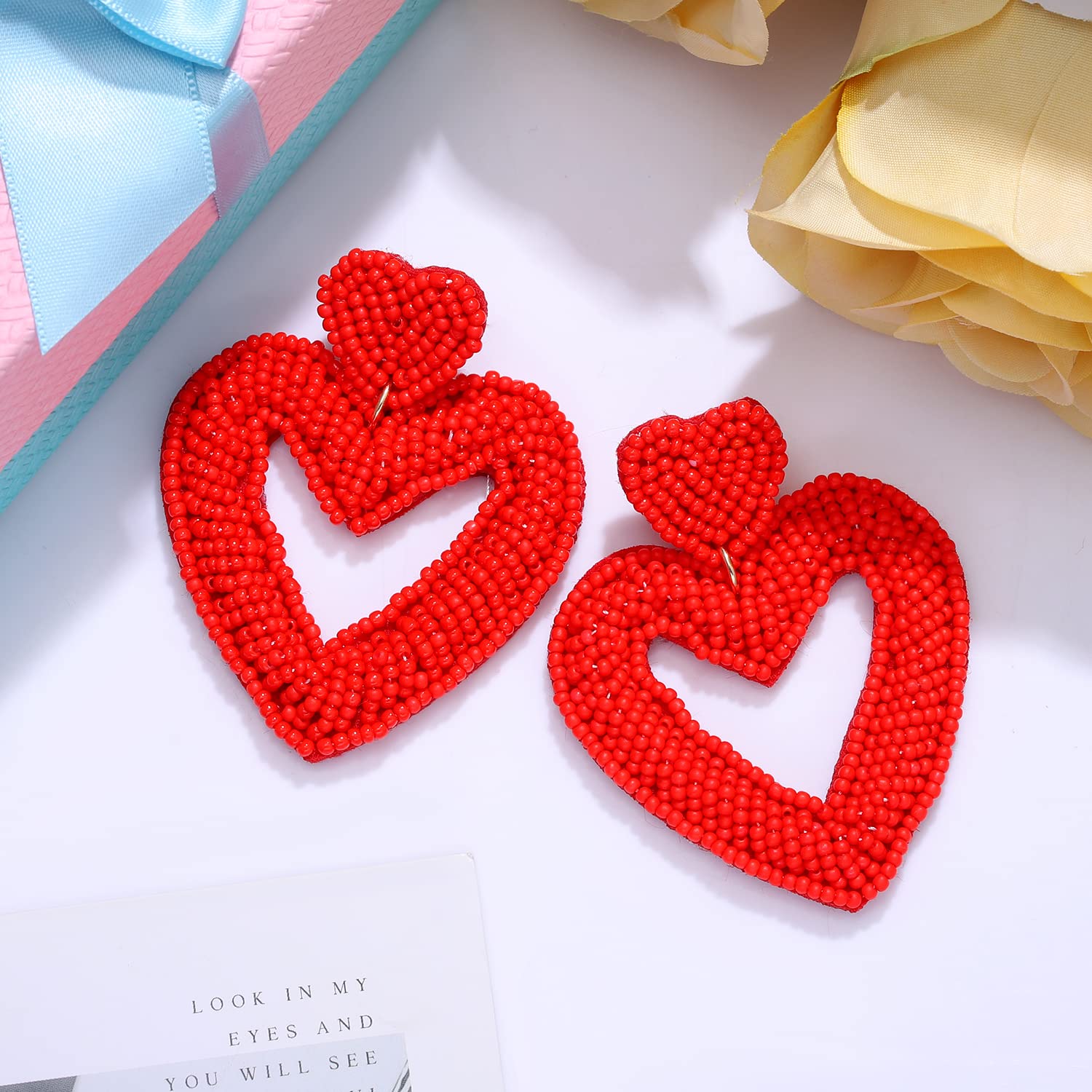 Boho Beaded Heart Dangle Earrings for Women - Valentine's Day Gifts, Bohemian Statement Drop Earrings with Studs | Perfect for Date Nights, Weddings & Special Occasions