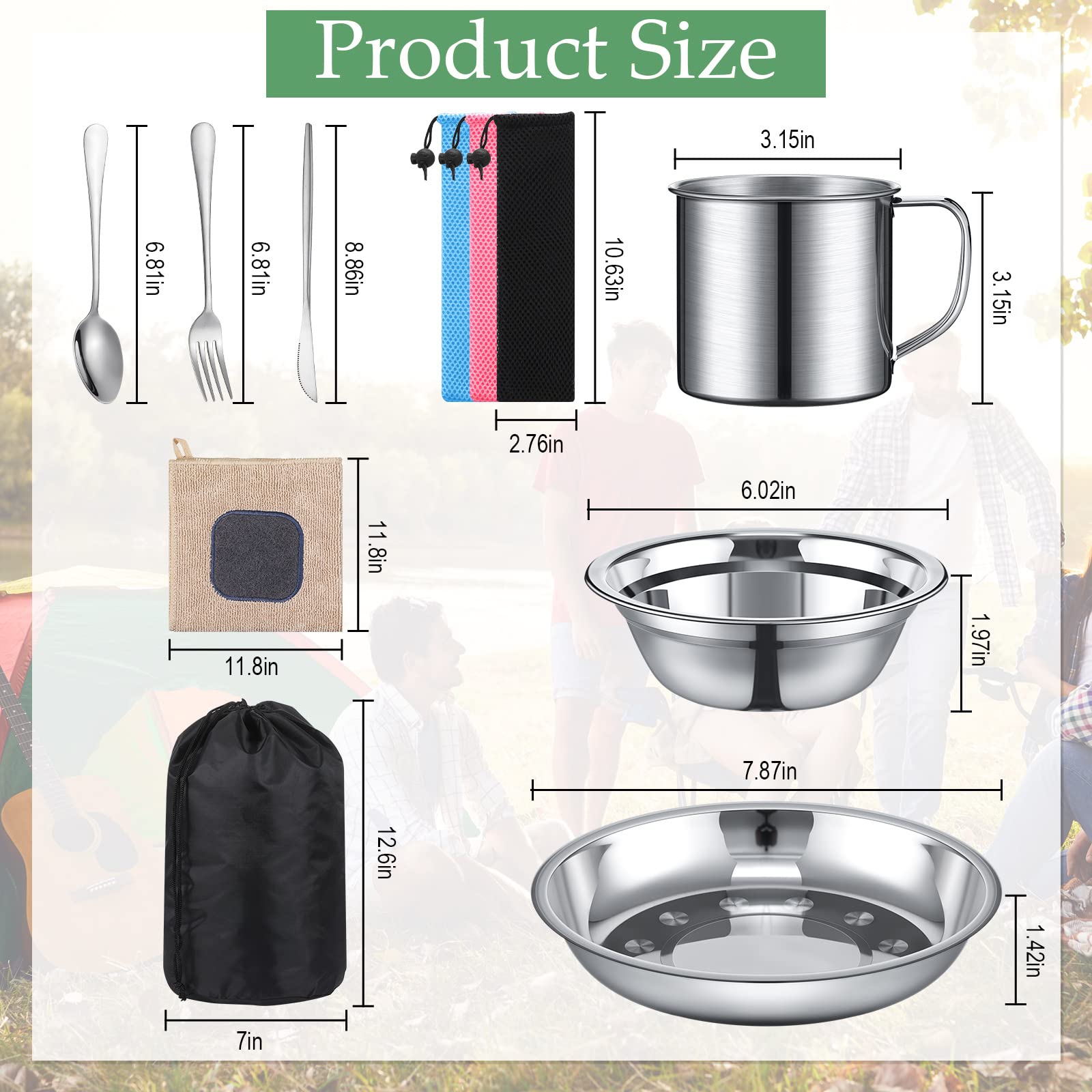 Lallisa 44-Piece Stainless Steel Camping Cookware Set - Polished Outdoor Mess Kit with Plates, Cups, Spoons, Forks & Knives | Portable Tableware in Mesh Bag for Backpacking, Hiking & Picnics | 6-Person Camping Gear for Family Outdoors Adventures