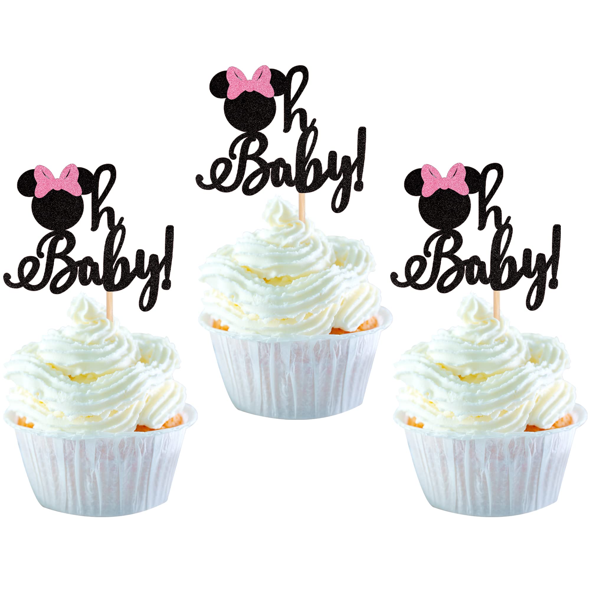 24 Pack Glitter Mouse Cupcake Toppers - Mouse Theme Food Picks for Gender Reveal, Baby Shower & Kids Birthday Party Cake Decorations - Perfect for Baby Shower, Birthday Party & Holiday Celebrations