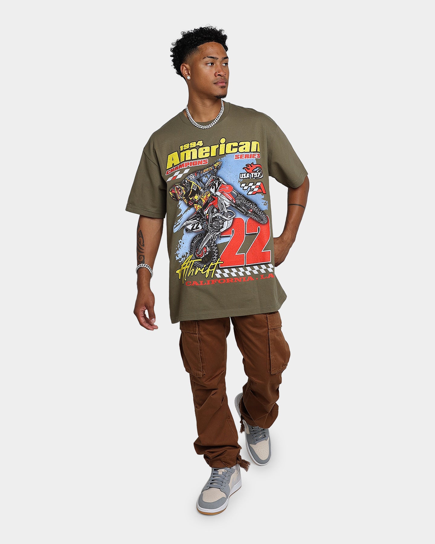 Vintage American Thrift Dirt Bike T-Shirt - Military Style Graphic Tee for Motocross & Outdoor Adventures