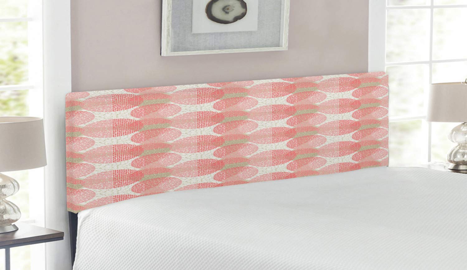 Ambesonne Abstract Upholstered Headboard - Overlapped Circles & Dashed Lines Digital Print, Memory Foam Queen Size Bed Headboard in Pale Sepia White | Modern Bedroom Decor for Master & Guest Rooms