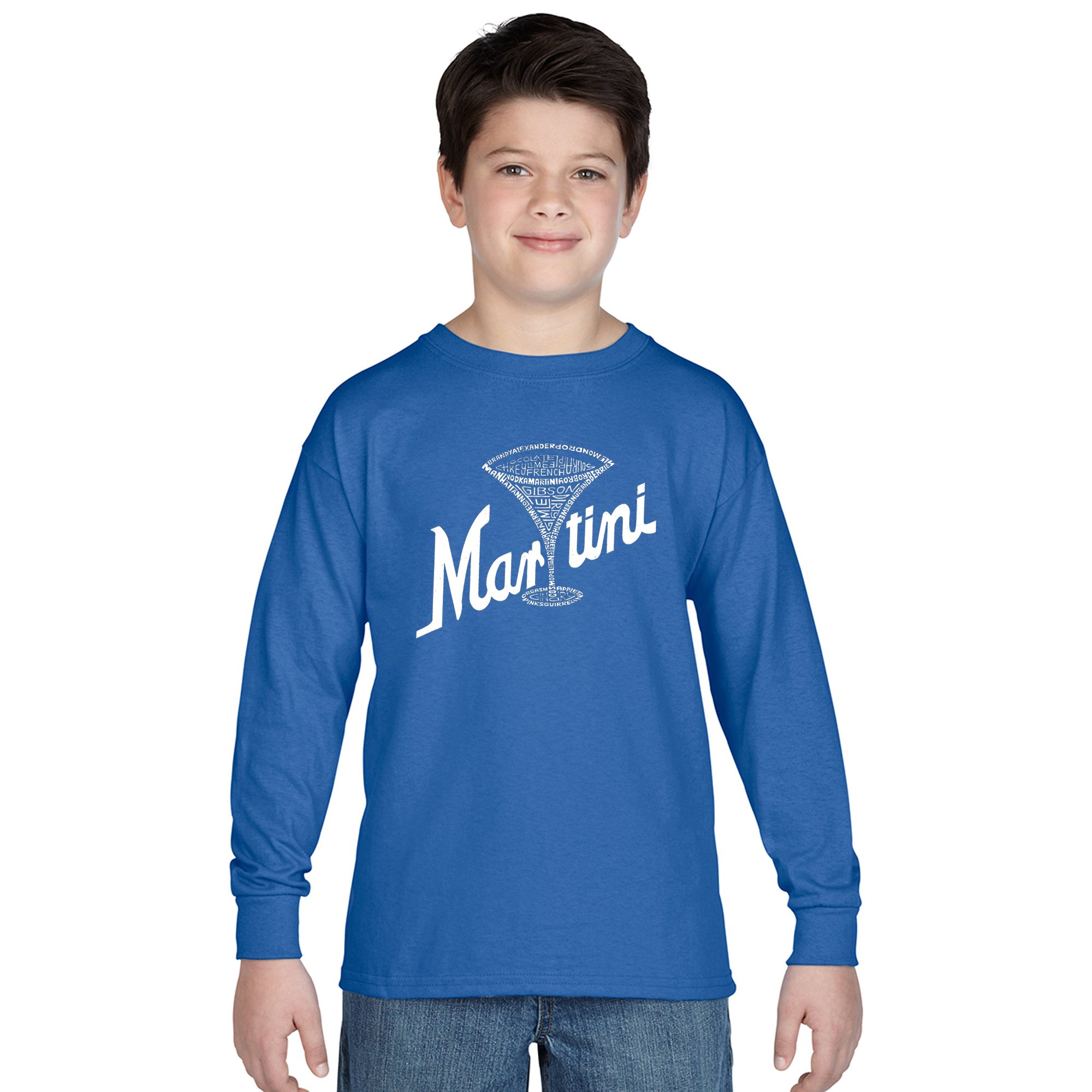 LA POP ART Boys Long Sleeve Graphic T-Shirt with Martini Design - Trendy Casual Wear for School, Parties & Street Style