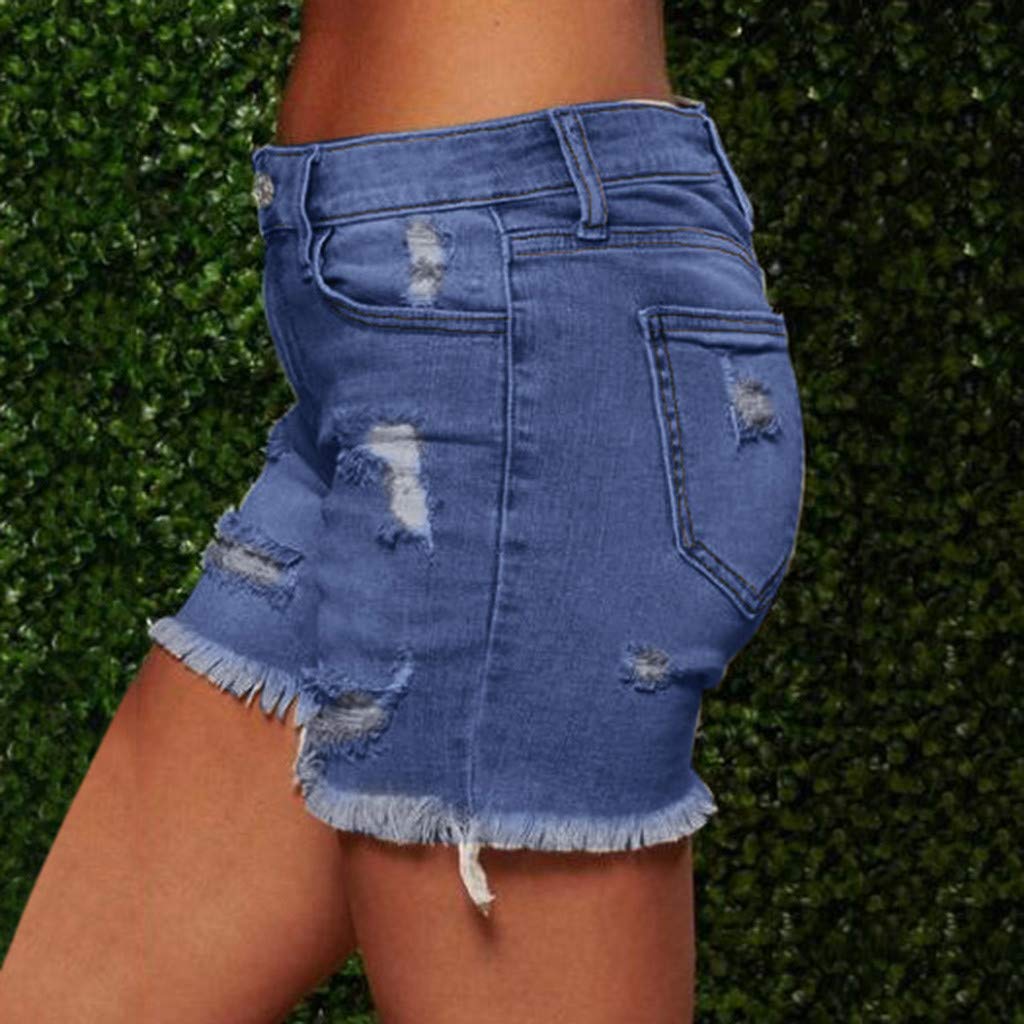 hlysgo Women's Mid Rise Ripped Stretchy Denim Shorts with Frayed Raw Hem - 2024 Summer Casual Jeans Shorts for Beach, Travel, and Everyday Wear