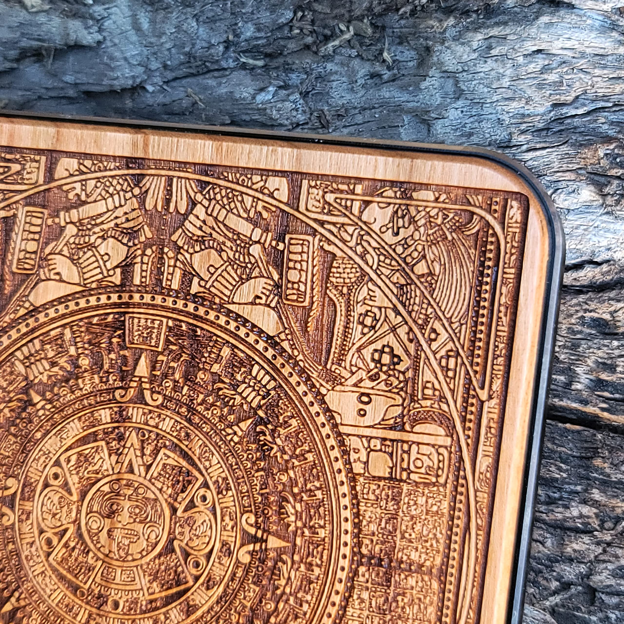 15W Fast Qi Wireless Charger Pad - Laser Engraved Aztec Calendar Cherry Wood with Black Aluminum Base | Compatible with iPhone 16, Galaxy S25/S24 | Tribal Art Desk Decor for Home & Office | Perfect Gift for Tech Lovers & Art Enthusiasts