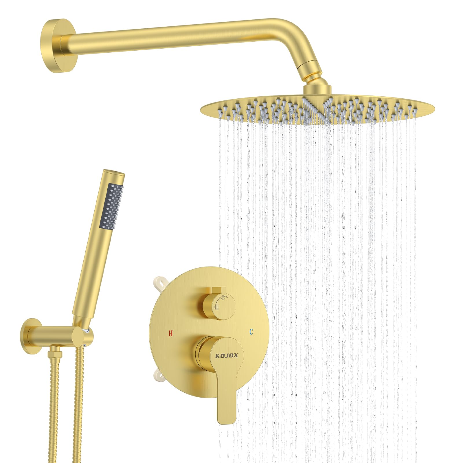 10 Inch Brushed Gold Shower System - High Pressure Rain Shower Head & Handheld Shower Combo with Wall Mounted Mixer Faucet, Rough-in Valve & Trim Kit | Luxury Bathroom Upgrade for Spa-Like Experience
