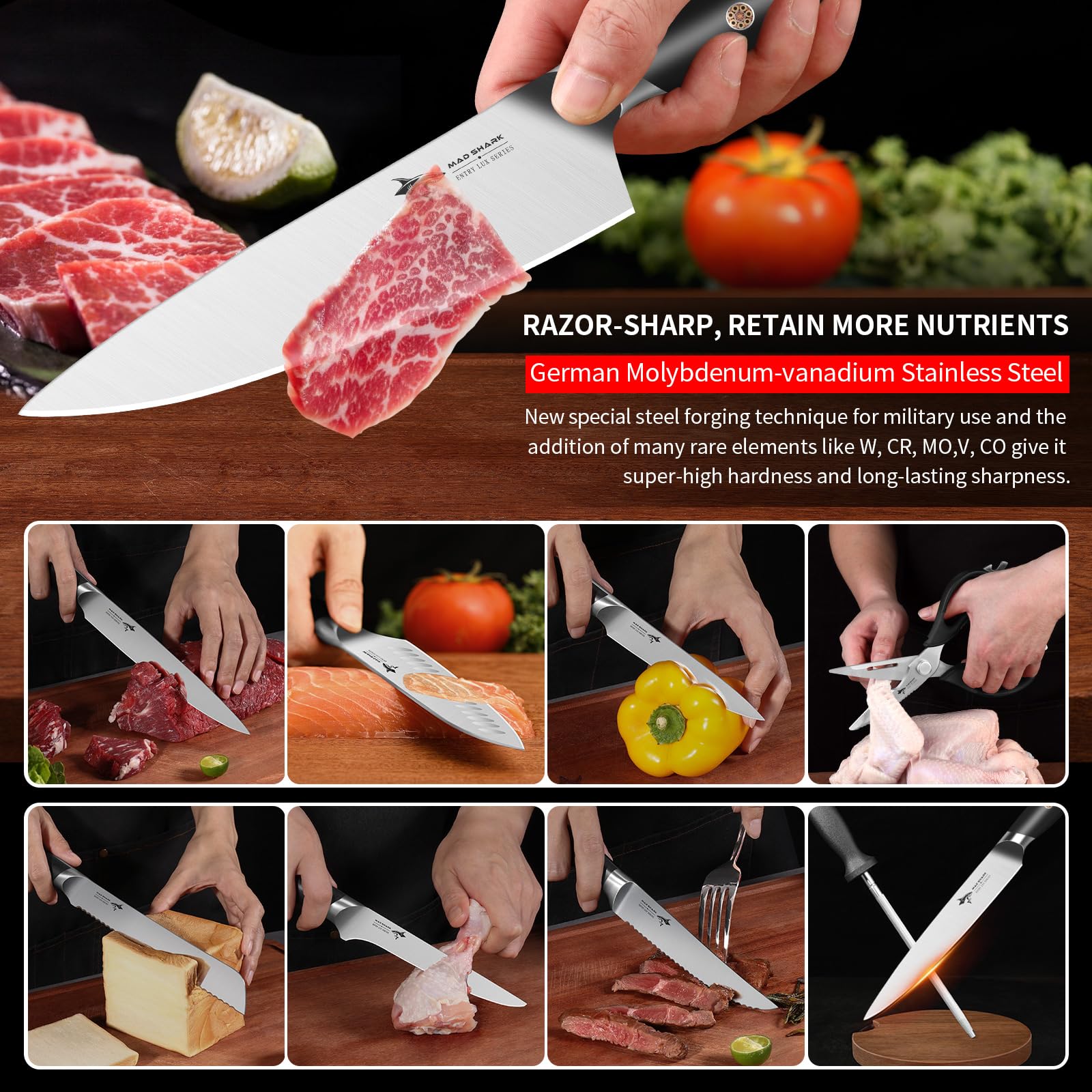 **MAD SHARK 17-Piece Professional Kitchen Knife Set with Block – High Carbon Stainless Steel Ultra Sharp Chef Knives for Home Cooking, Perfect Gift Box | Ideal for Slicing, Dicing, and Food Prep**