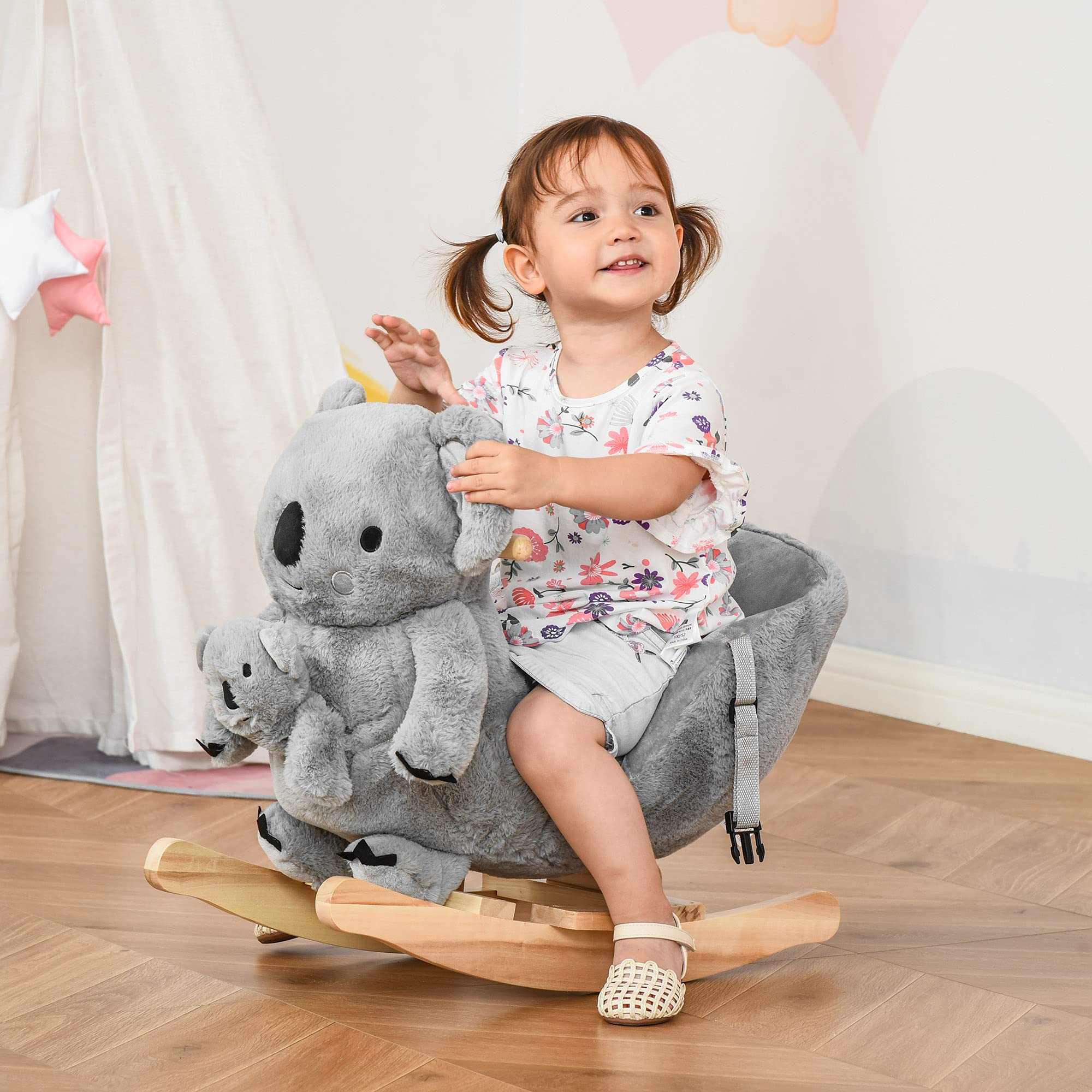 Qaba Kids Plush Ride-On Rocking Horse - Koala-Shaped Soft Toy Rocker with Gloved Doll & Realistic Sounds for Toddlers 18-36 Months (Gray) | Perfect for Indoor Play, Birthday Gifts & Early Childhood Development