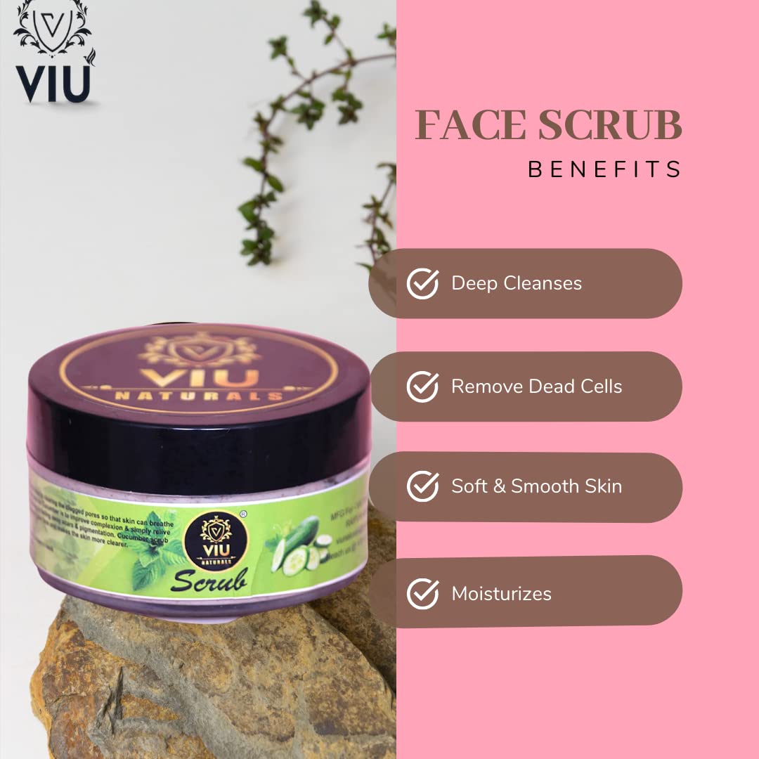 VIU NATURAL Cucumber & Mint Facial Scrub - 100g Natural Exfoliator for Glowing Skin | Gentle Face Cleanser for Dry & Sensitive Skin | Perfect for Morning Routine & Spa Day at Home