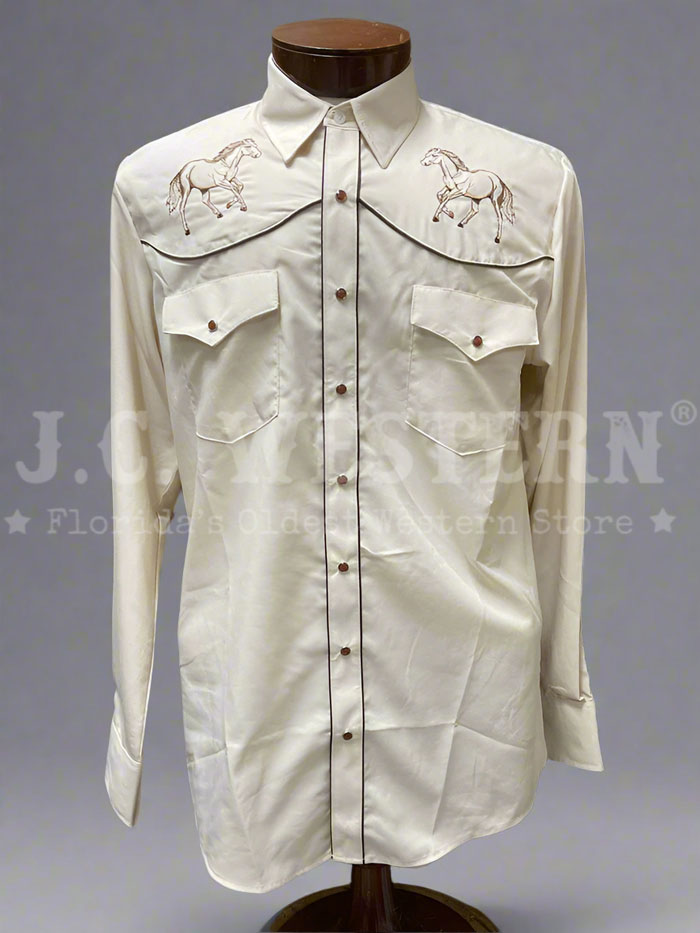 Men's Western Shirt with Running Horses Design - Comfortable Cowboy Style Button-Up Shirt for Casual Wear, Rodeo, and Country Music Events - Rangers 1044CA01 in Beige