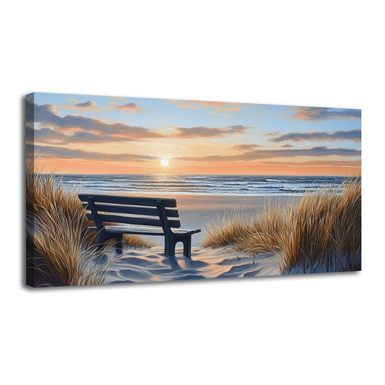 Modern Blue Sun Beach Ocean Landscape Canvas Wall Art - Framed Painting for Office, Living Room & Bedroom Decor (30x60 Inch) | Coastal Theme Wall Decor for Beach Houses, Vacation Rentals & Seaside Themed Rooms