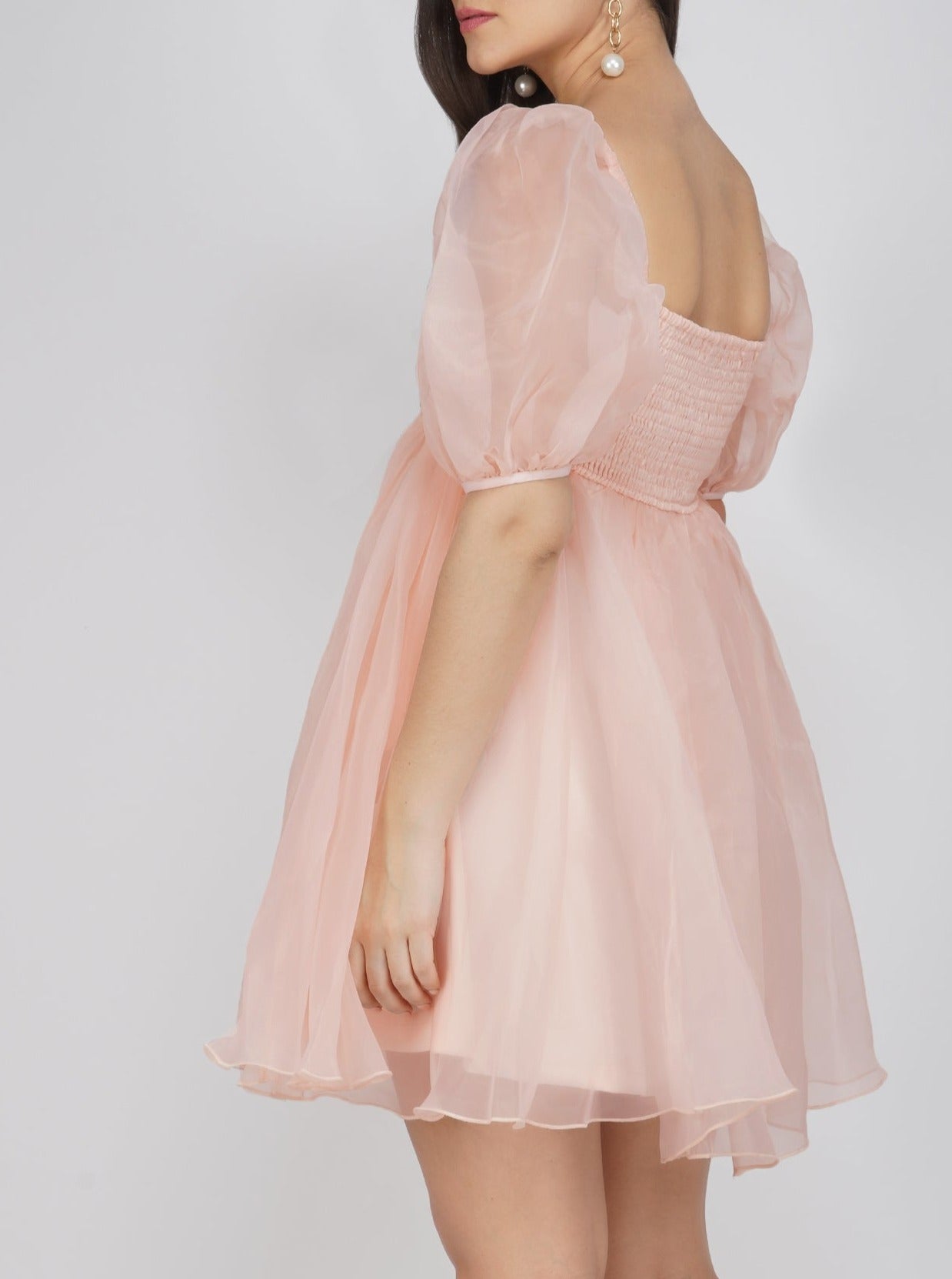Melanie Pink Puff Sleeve Dress for Women - Elegant Flowy Midi Dress with Ruffle Details | Perfect for Weddings, Parties & Special Occasions
