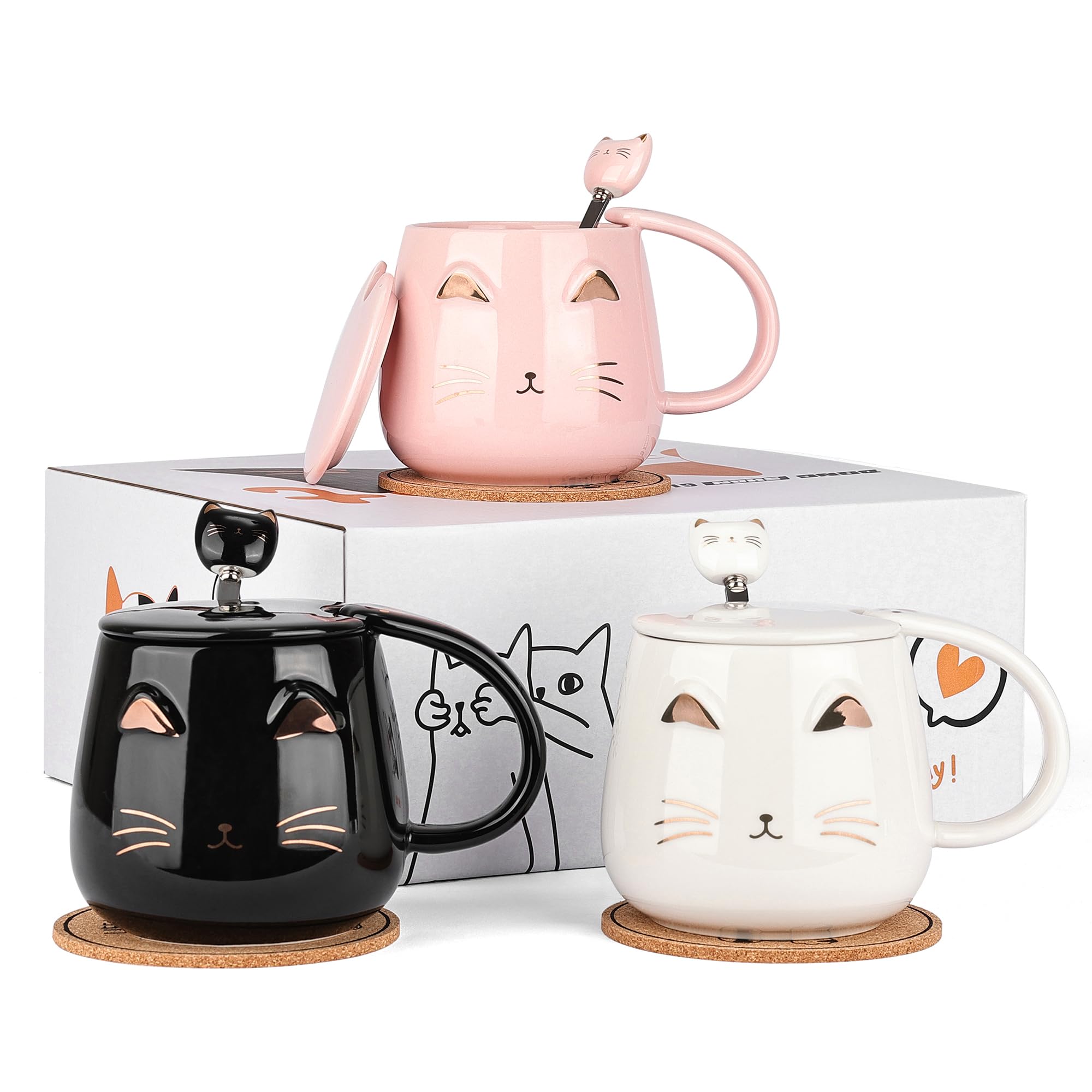 3-Piece Ceramic Cat Mug Set with Lid, Spoon & Coaster - 13oz Cute Cat Coffee Cups for Women, Kids & Cat Lovers - Perfect Christmas Birthday Gift (Black, White, Pink) - Ideal for Tea, Coffee & Hot Chocolate at Home or Office