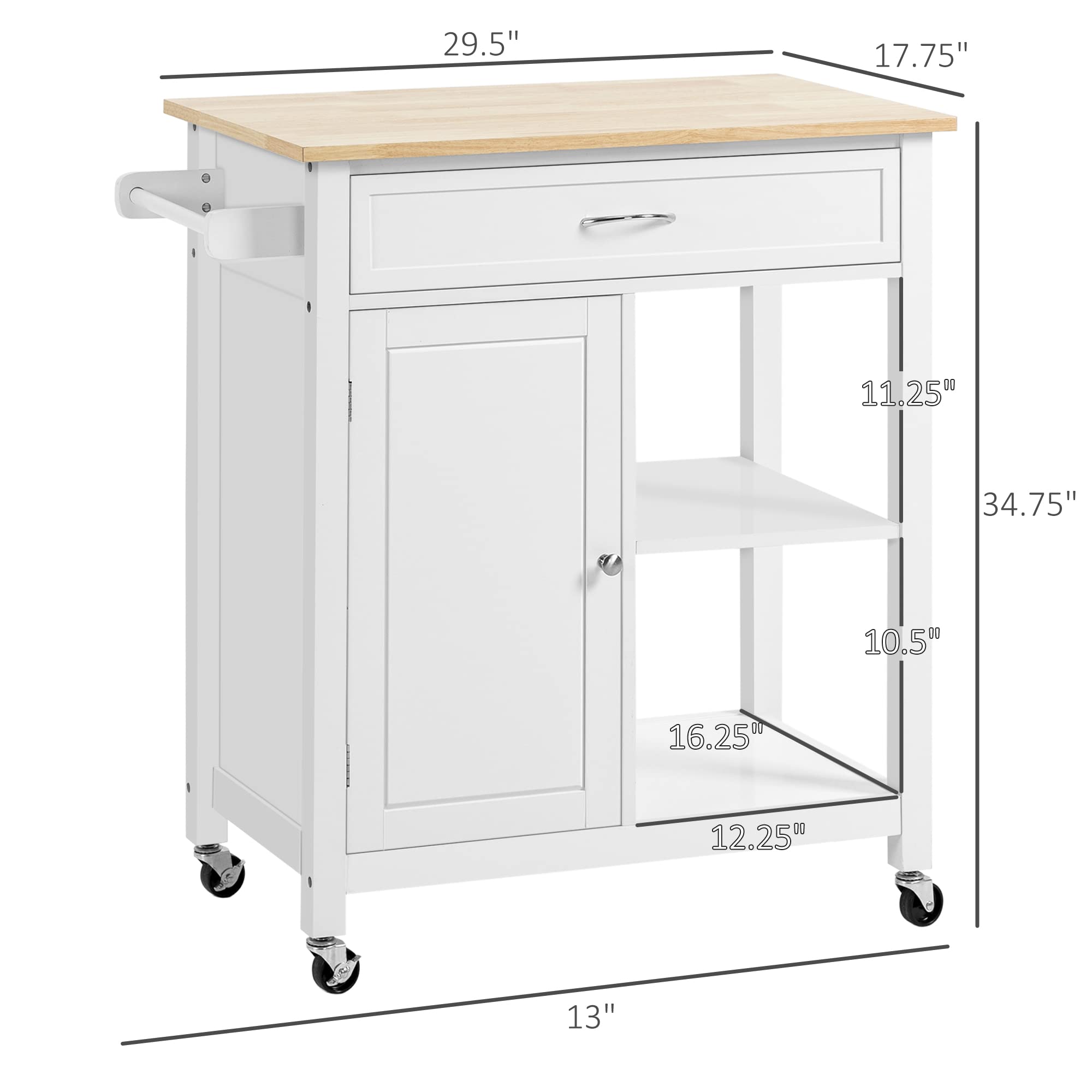 HOMCOM White Kitchen Island Cart with Drawer & Storage Shelf - Solid Wood Top for Dining Room & Small Spaces