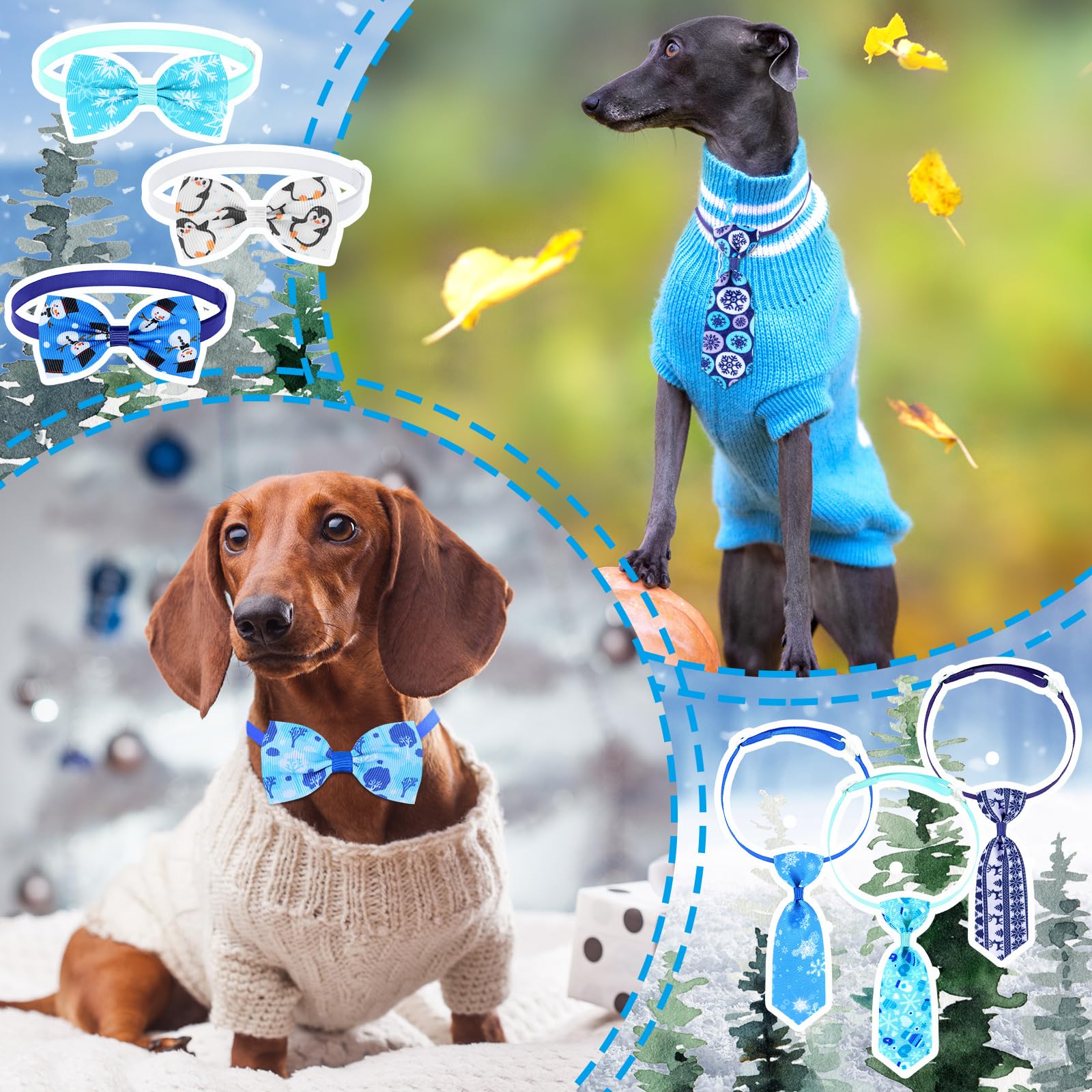 50 Pcs Winter Dog Collar with Bow - Christmas Pet Neckties Set for Dogs & Cats - Adjustable Snowman Snowflake Bowties - Perfect for Holiday Pet Photos & Christmas Decorations