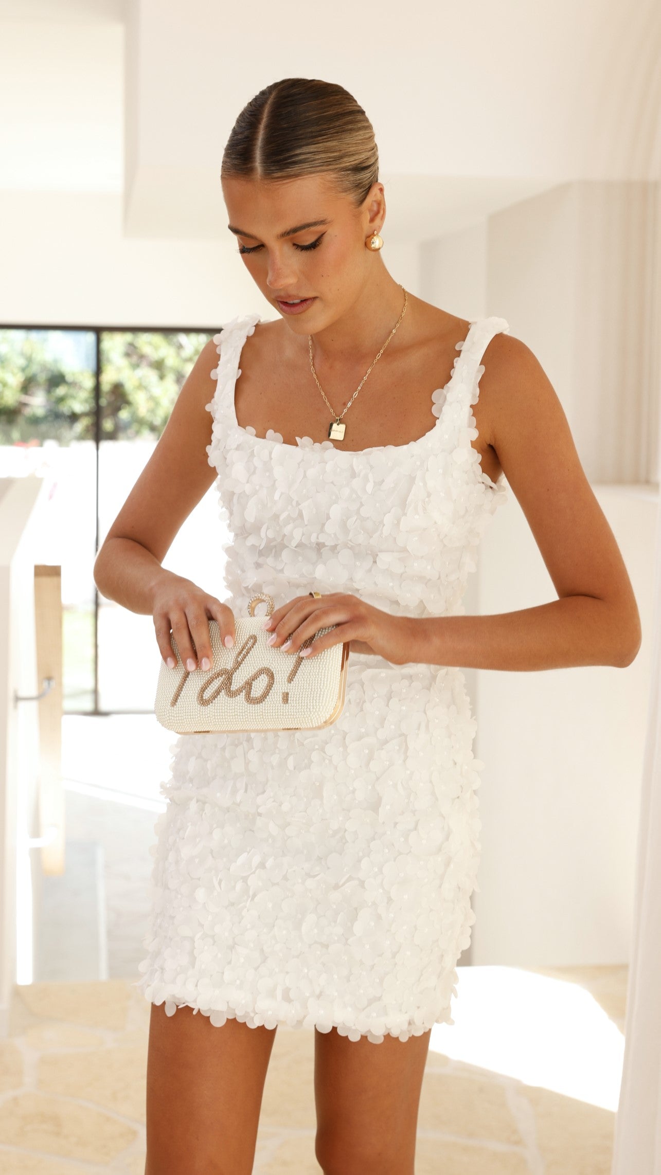 I DO Sequin Clutch Bag - Gold & White Evening Clutch for Women | Perfect for Parties, Weddings & Special Occasions