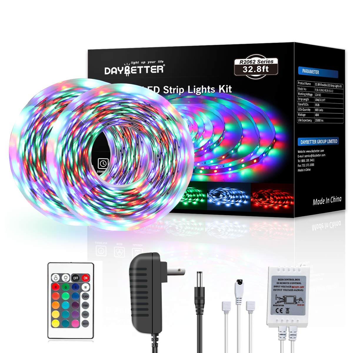 DAYBETTER 32.8ft Color Changing LED Strip Lights for Bedroom - 2 Rolls of 16.4ft RGB LED Light Strips with 24-Key Remote & Power Supply | Perfect for Bedroom Decor, Gaming Setup, and Home Ambiance Lighting