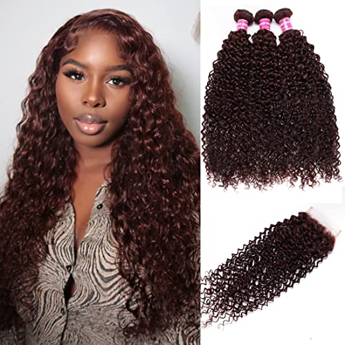 UNICE Reddish Brown Curly Human Hair Extensions - 3 Bundles with 4x4 Lace Closure (18/20/22+18 Inch) | 100% Remy Human Hair | Dark Auburn Color | Free Part | Perfect for Daily Styling, Parties & Special Occasions
