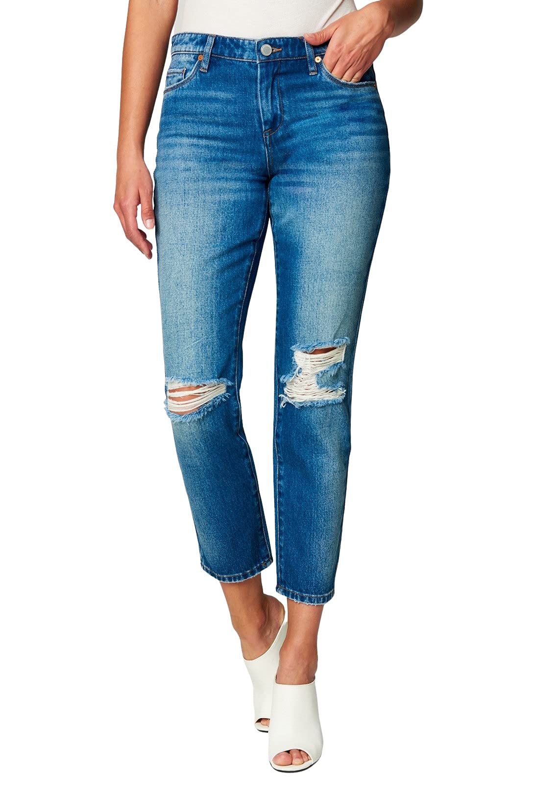 BLANKNYC Women's Distressed Girlfriend Jeans - Looking Glass Wash, Size 31 | Comfortable Stretch Denim for Casual Wear & Everyday Outfits