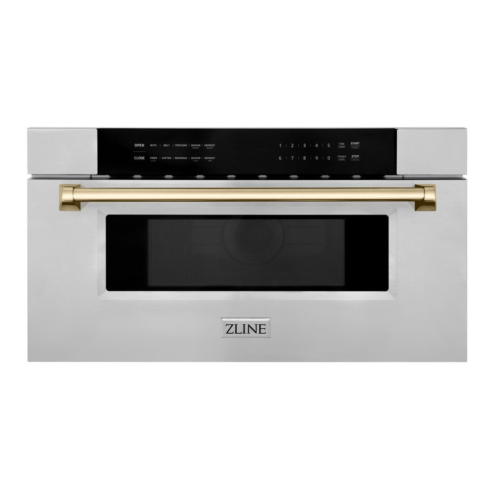 ZLINE Autograph Edition 30 Inch Built-In Microwave Drawer - 1.2 cu ft Stainless Steel with Polished Gold Accents (MWDZ 30 G) - Perfect for Modern Kitchens, Luxury Homes & High-End Renovations