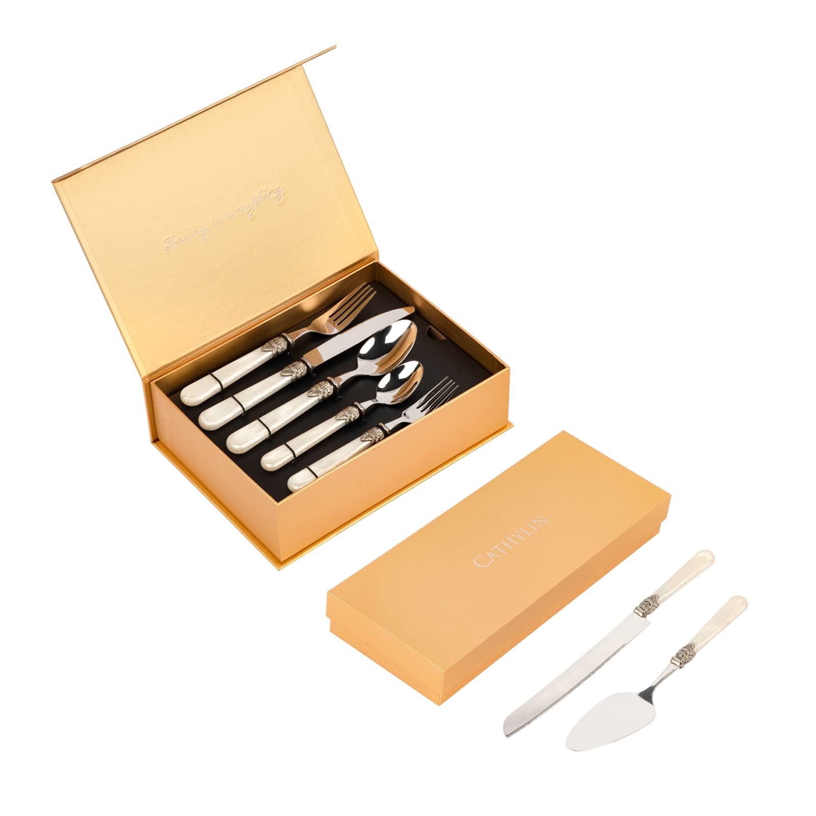 REVERIE Collection 20-Piece Stainless Steel Flatware Set & Wedding Cake Knife Server Set - Elegant Dining Utensils for Wedding, Anniversary & Special Occasions