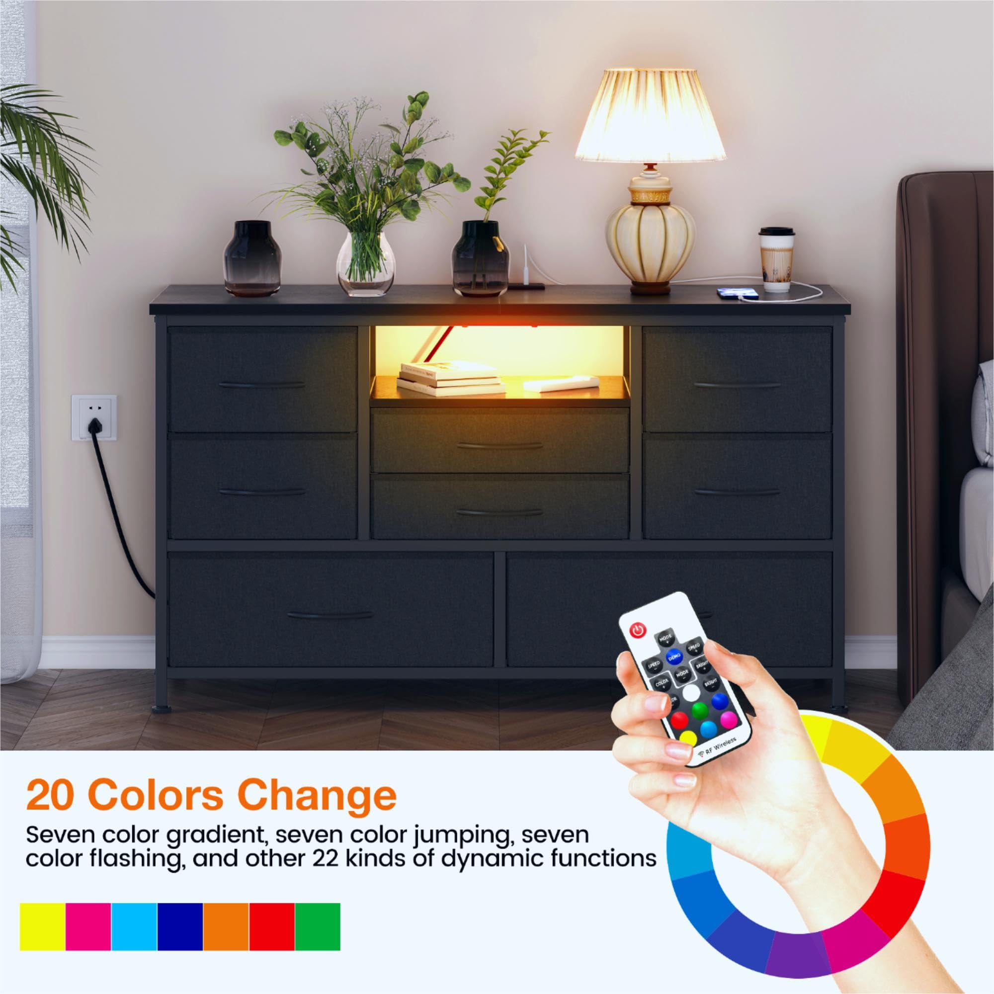 Jojoka 8-Drawer TV Stand with Power Outlet & LED Lights for 55-Inch TVs - Long Wooden Dresser for Bedroom Storage - Wide Console Table with Deep Drawers for Living Room, Entryway & Closet Organization - Perfect for Home Entertainment & Storage Solutions
