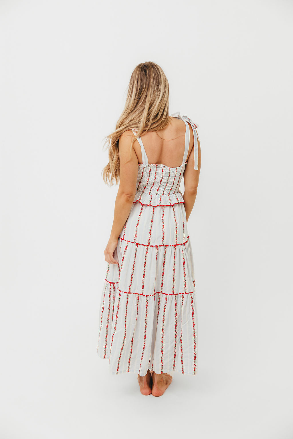 Tamara Floral Embroidered Maxi Dress - Red Flower Print Tiered Summer Dress for Women | Perfect for Beach Vacations, Weddings & Boho Fashion