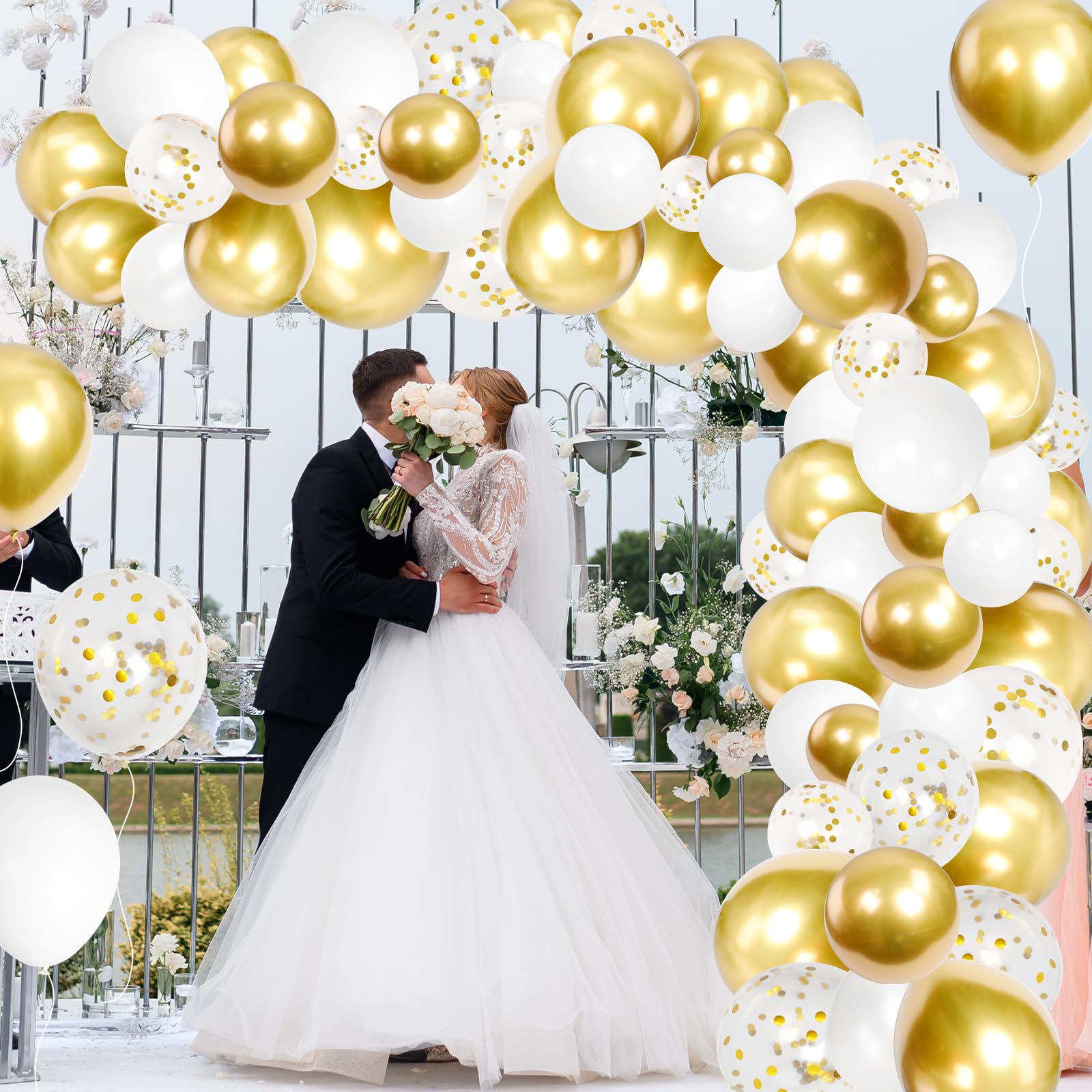 100-Pack 12-Inch White & Gold Confetti Balloons - Latex Helium Party Balloons for Birthday, Wedding, Bridal Shower, Proposal, Anniversary, Engagement Decorations - Perfect for Indoor/Outdoor Party Decor & Photo Backdrops