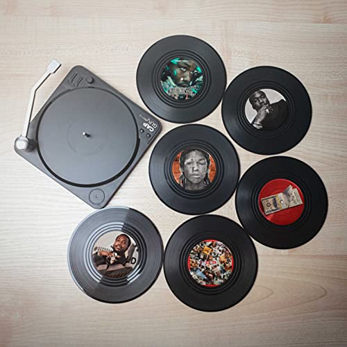 Retro Vinyl Record Cup Coaster Set of 6 with Turntable Holder - Unique Gift for Music Lovers, Perfect for Home Bar, Office Desk & Vinyl Record Player Accessories
