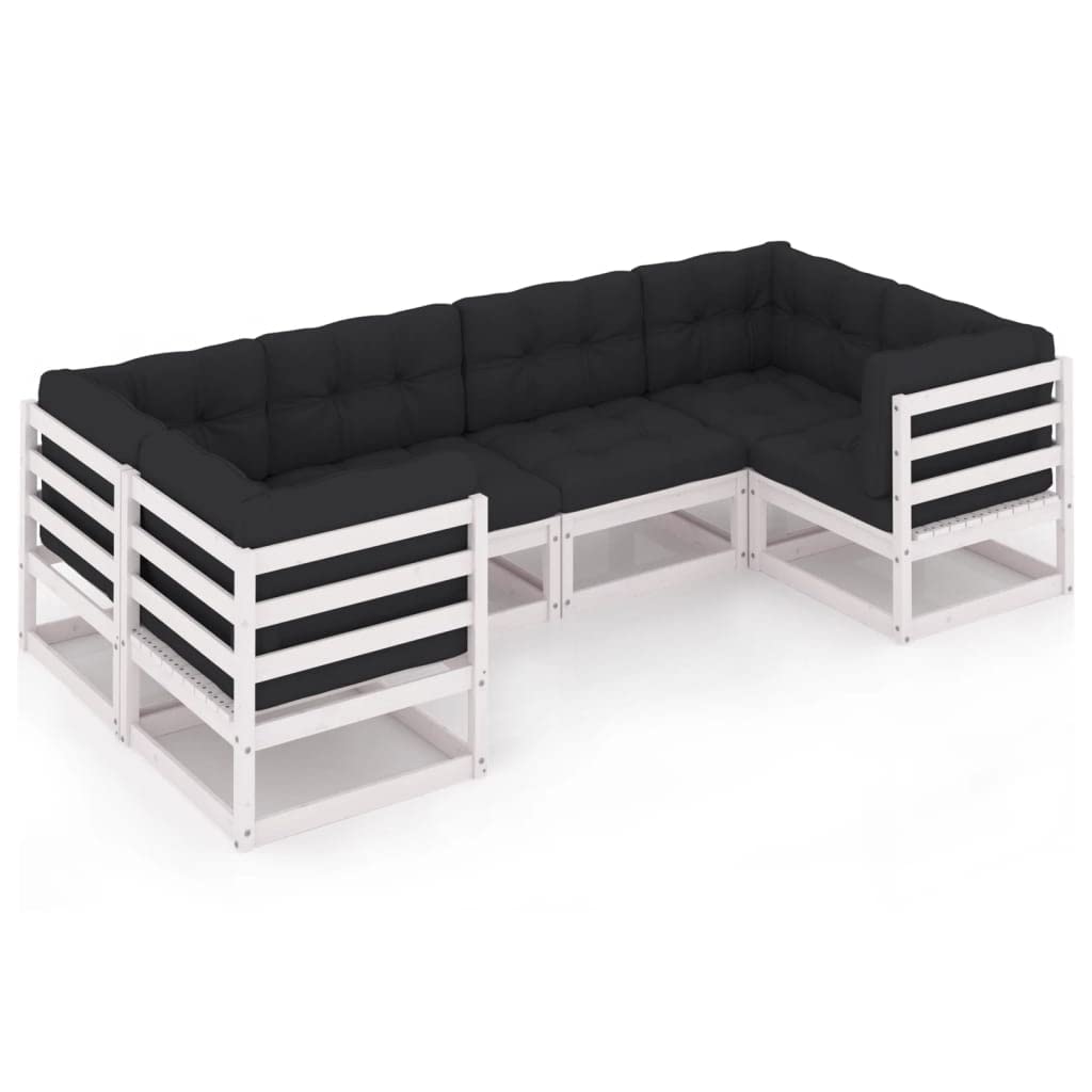 6-Piece White Solid Pine Outdoor Patio Furniture Set with Cushions - Garden Sofa Conversation Set for Backyard, Porch & Poolside Relaxation
