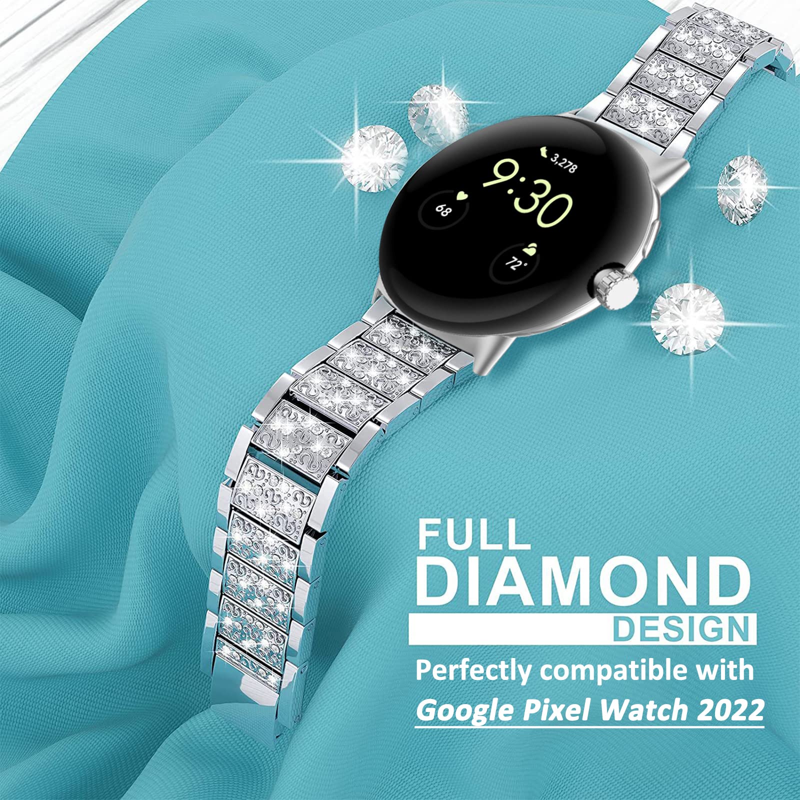 Miimall Bling Diamond Rhinestone Stainless Steel Band for Google Pixel Watch 3 41mm/Pixel Watch 2 - Elegant Metal Replacement Strap for Women, Night Out & Special Occasions