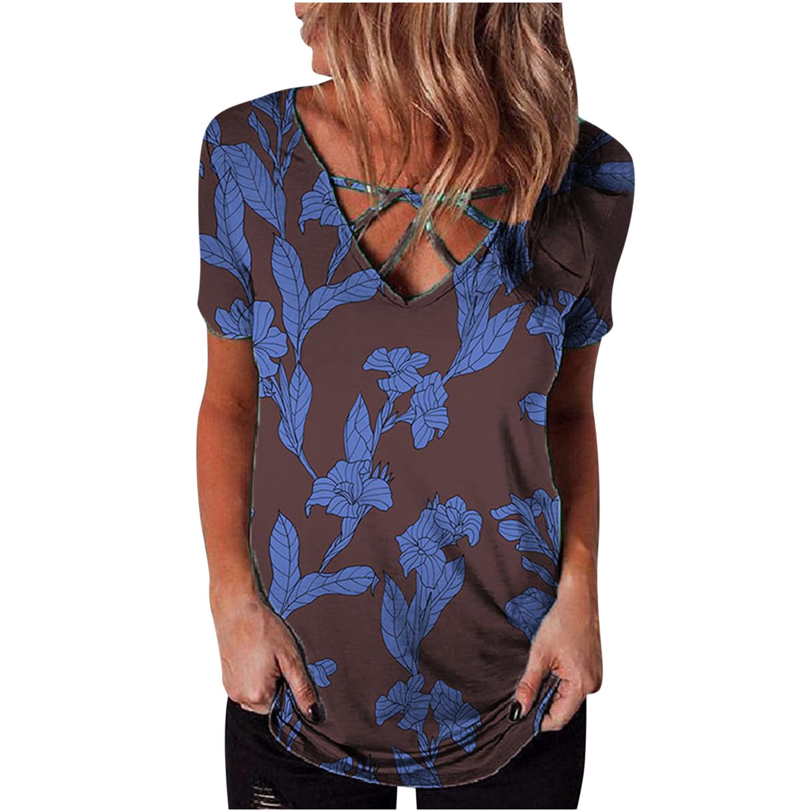 Women's Floral Print V-Neck Short Sleeve T-Shirt - Summer Casual Blouse & Tunic Top for Ladies | Perfect for Beach Outings, Picnics & Everyday Wear