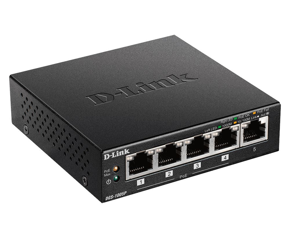 D-Link DGS-1005P 5-Port Gigabit Ethernet Switch with 4 PoE+ Ports (60W) - Plug & Play Network Switch for Home Office, Gaming & Smart Home Devices