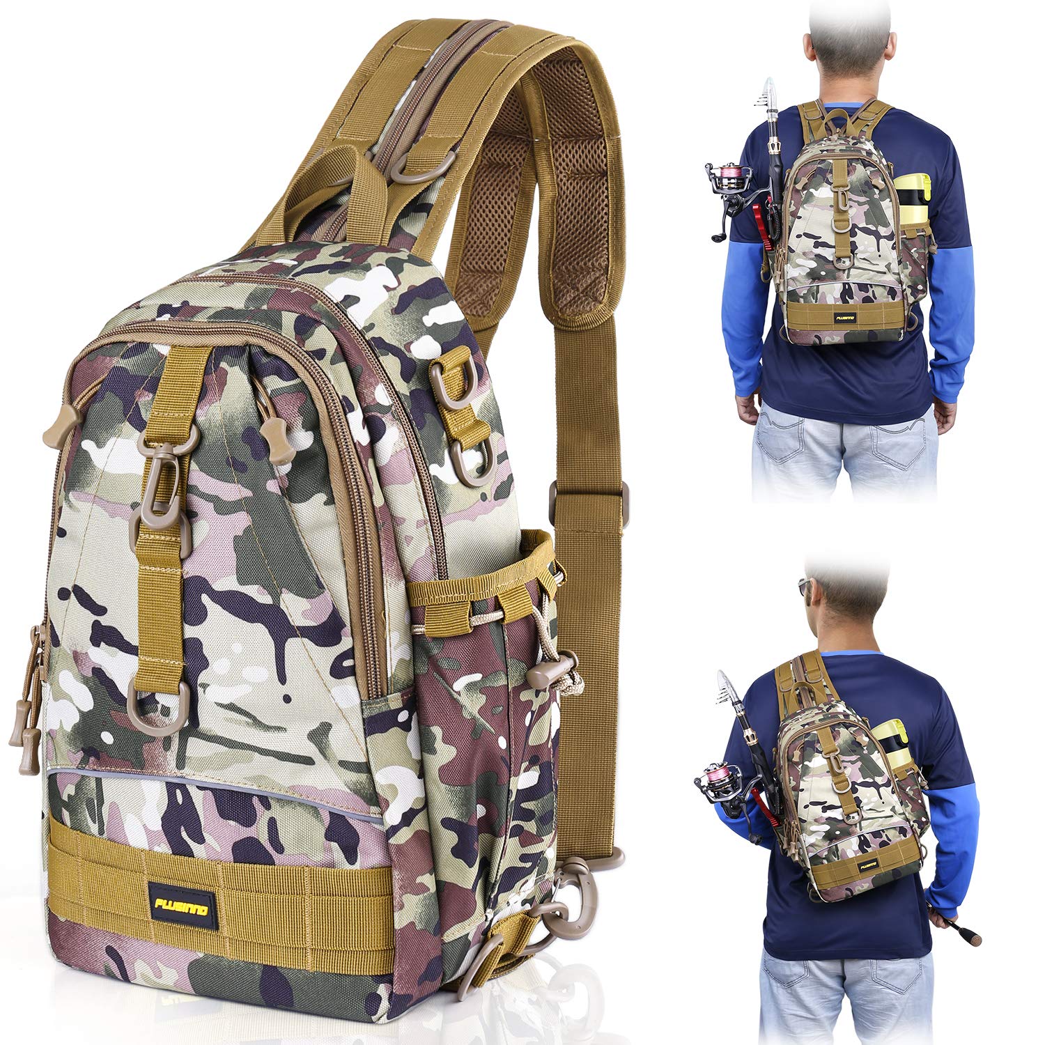 PLUSINNO Water-Resistant Fishing Tackle Backpack with Rod Holder - Durable Fishing Gear Storage Bag for Freshwater & Saltwater Anglers - Perfect for Boat, Shore, and Kayak Fishing Trips