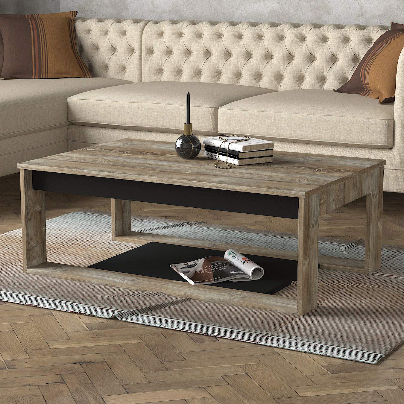 Sayre Furniture Costa Modern Wood Rectangle Coffee Table - Oak Finish with Colored Surface & Black Base - Efficient Living Room Center Table (Beige) | Perfect for Small Spaces, Apartments & Cozy Home Decor