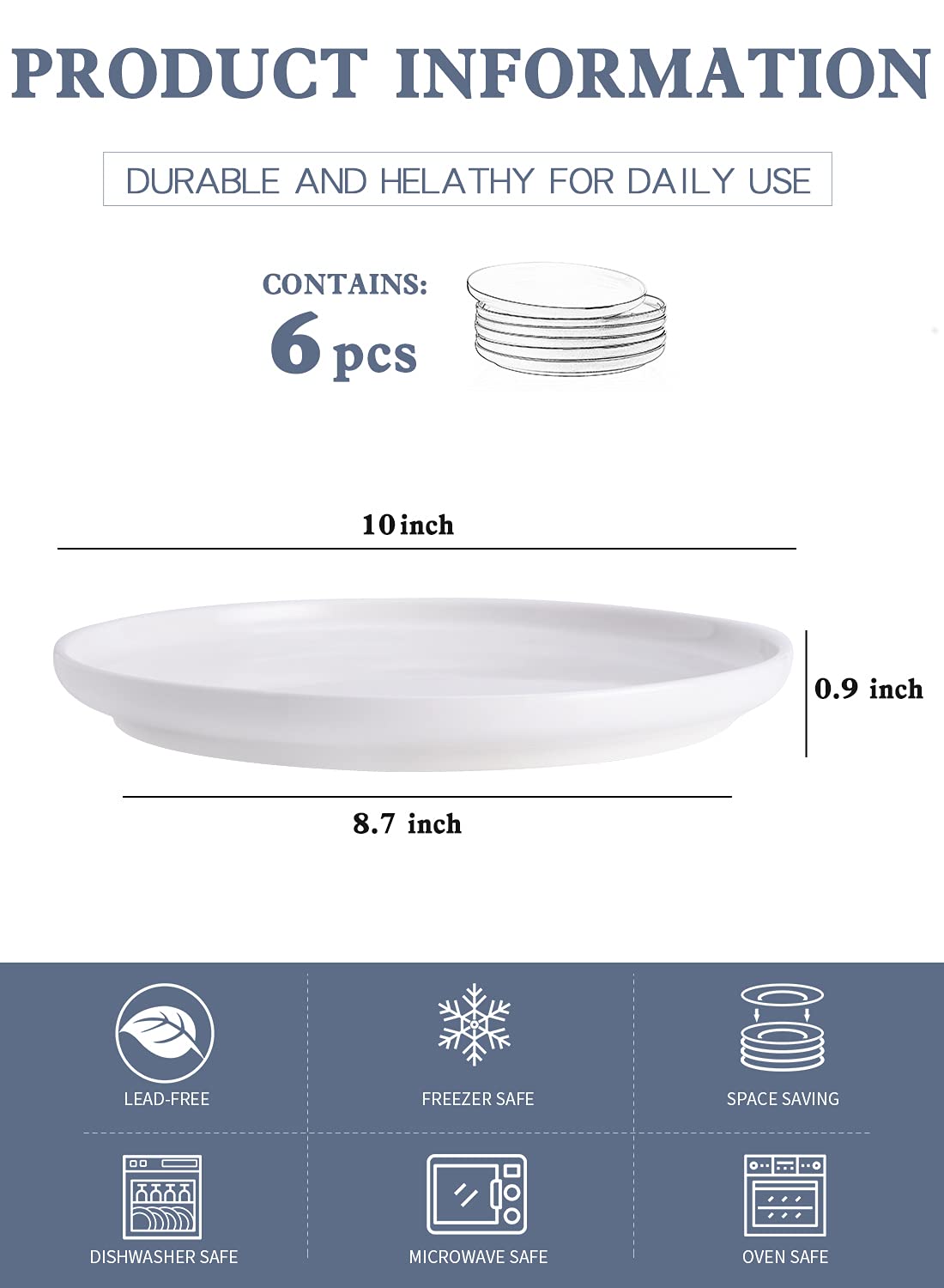 Kanwone 10-Inch Porcelain Dinner Plates Set of 6 - White Microwave & Dishwasher Safe Modern Dinnerware for Everyday Use, Parties & Formal Dining
