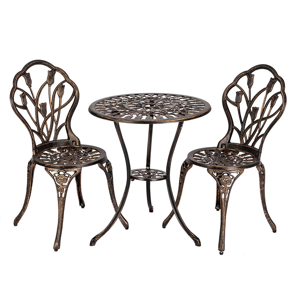 Bonnlo 3-Piece Patio Bistro Set - Cast Aluminum Outdoor Dining Table and Chairs with Rust-Resistant Tulip Design for Garden, Balcony & Backyard