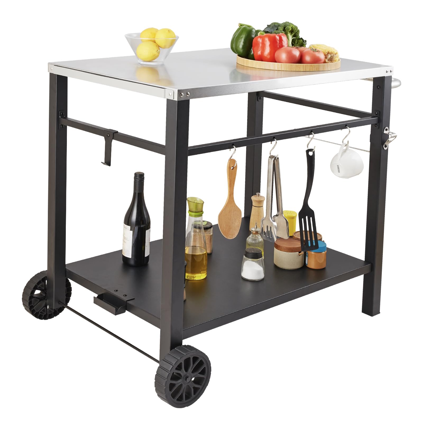 VEVOR Stainless Steel Outdoor Grill Cart with Double Shelves - Portable BBQ Prep Table with Wheels & Handle for Pizza Oven, Camping & Backyard Cooking - Heavy Duty Mobile Workstation for Patio, Garden & Tailgating Parties