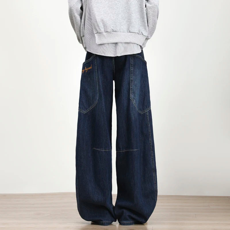 American Style Men's Denim Jeans - Straight Leg Casual Pants with Side Pockets & Letter Design, Solid Color Wide Bottom (Style 9C9272) | Perfect for Everyday Wear, Street Fashion & Casual Outings
