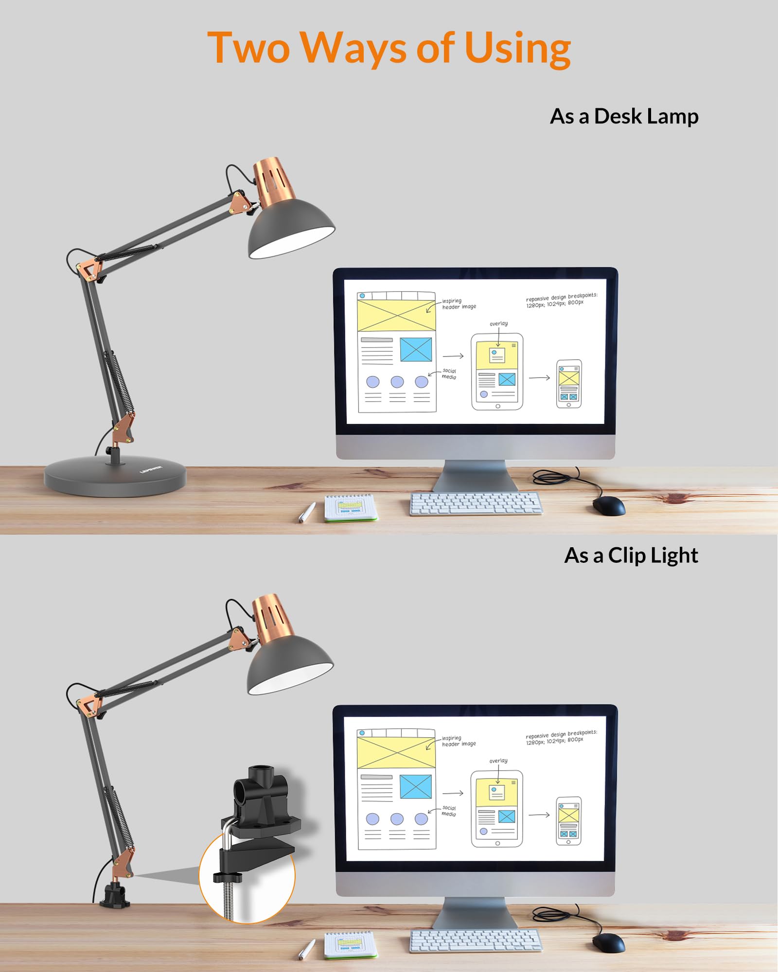 LEPOWER Adjustable Metal Desk Lamp with Clamp - Architect Swing Arm Table Lamp with On/Off Switch, Eye-Caring Reading Light for Bedroom, Study & Office (Sandy Black) | Perfect for Night Reading, Home Office & Dorm Room